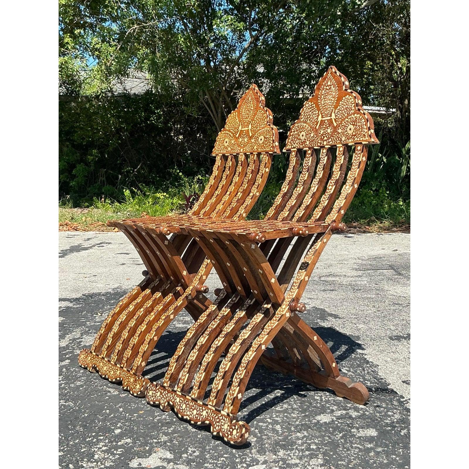 Vintage Boho Moorish Inlay Folding Chairs- A Pair For Sale 1