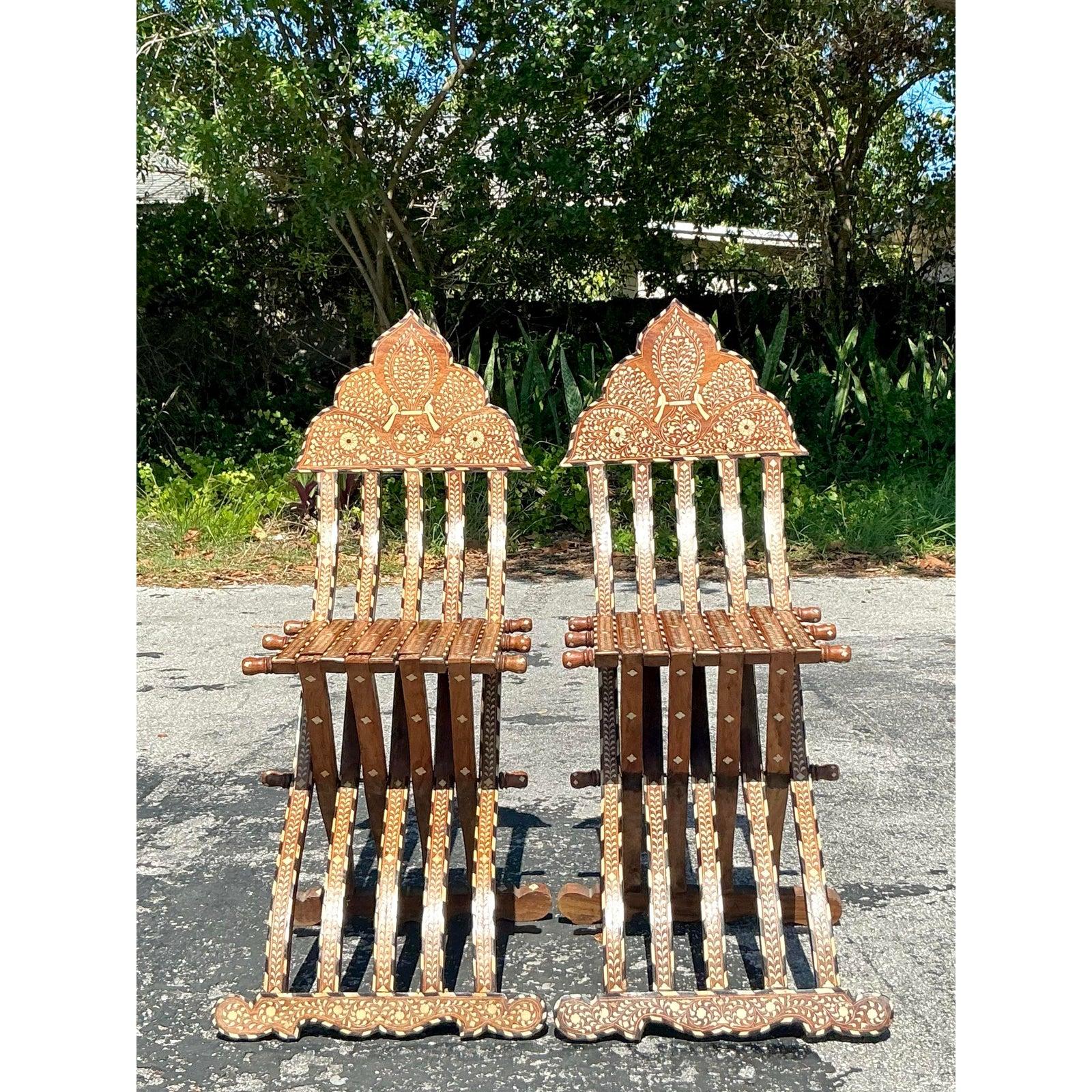 Vintage Boho Moorish Inlay Folding Chairs- A Pair For Sale 2