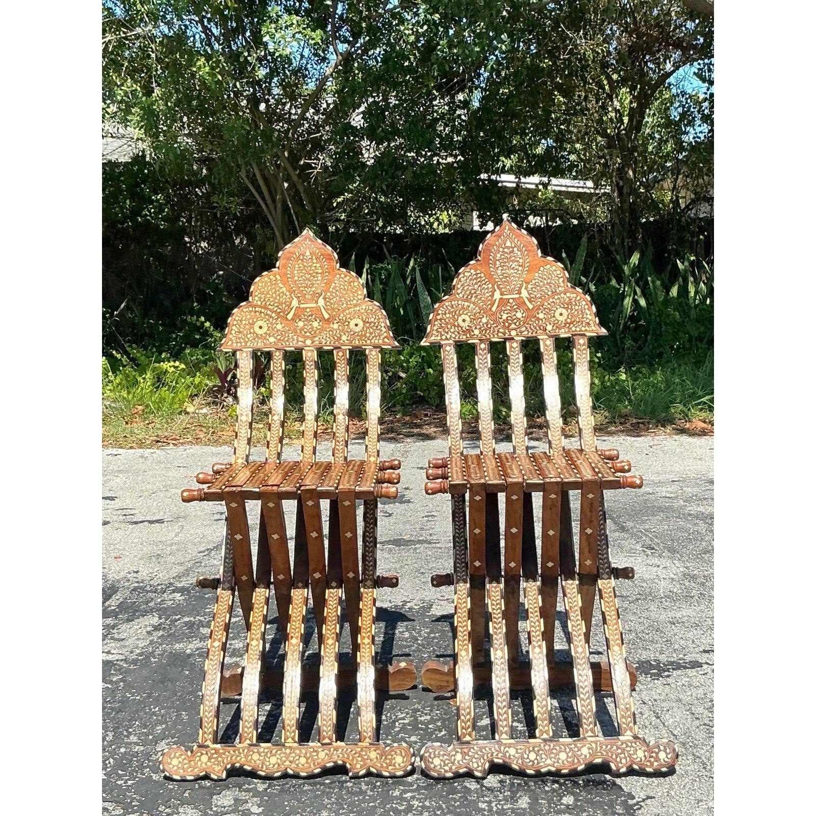 Vintage Boho Moorish Inlay Folding Chairs- A Pair For Sale 3