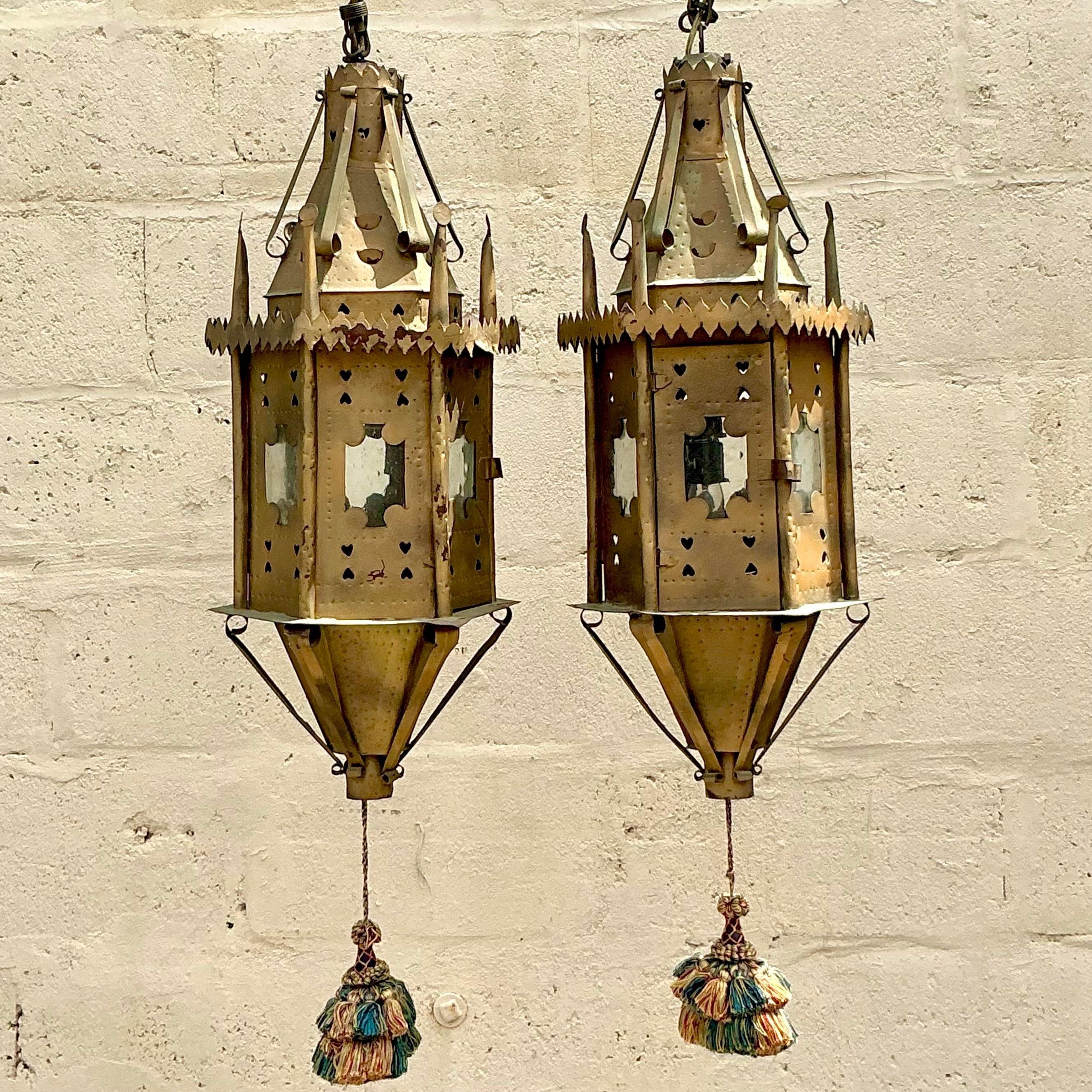 20th Century Vintage Boho Moorish Lanterns After Addison Mizner - a Pair For Sale