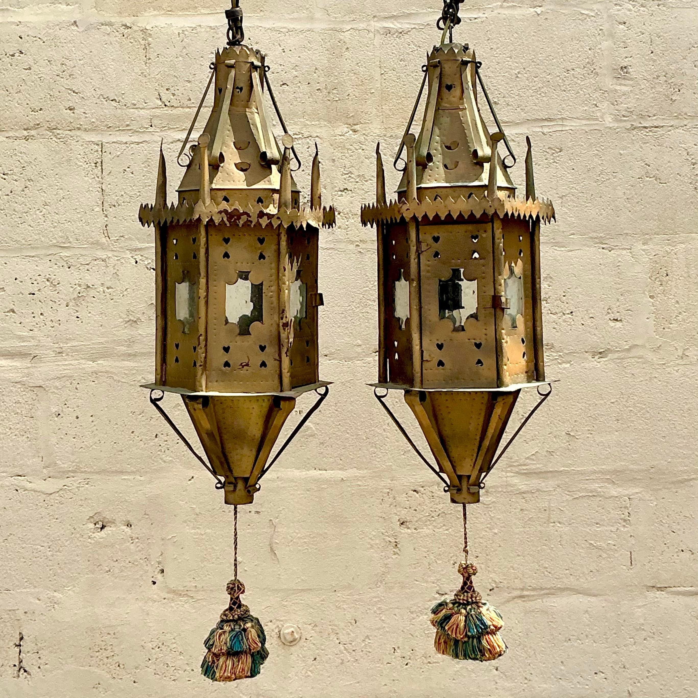Vintage Boho Moorish Lanterns After Addison Mizner - a Pair For Sale 1