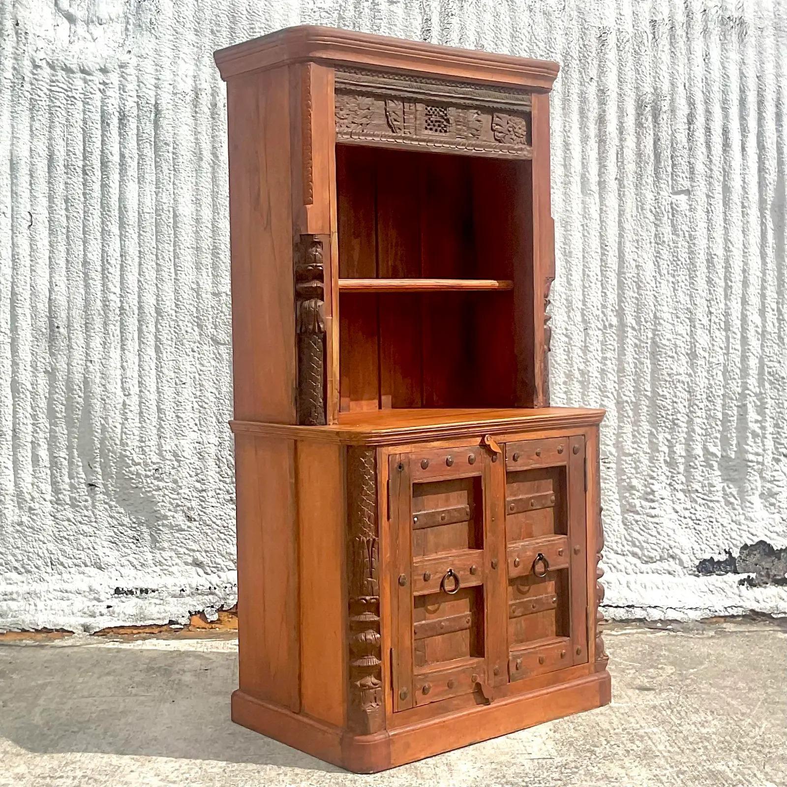 Indian Vintage Boho Moroccan Carved Storage Cabinet For Sale