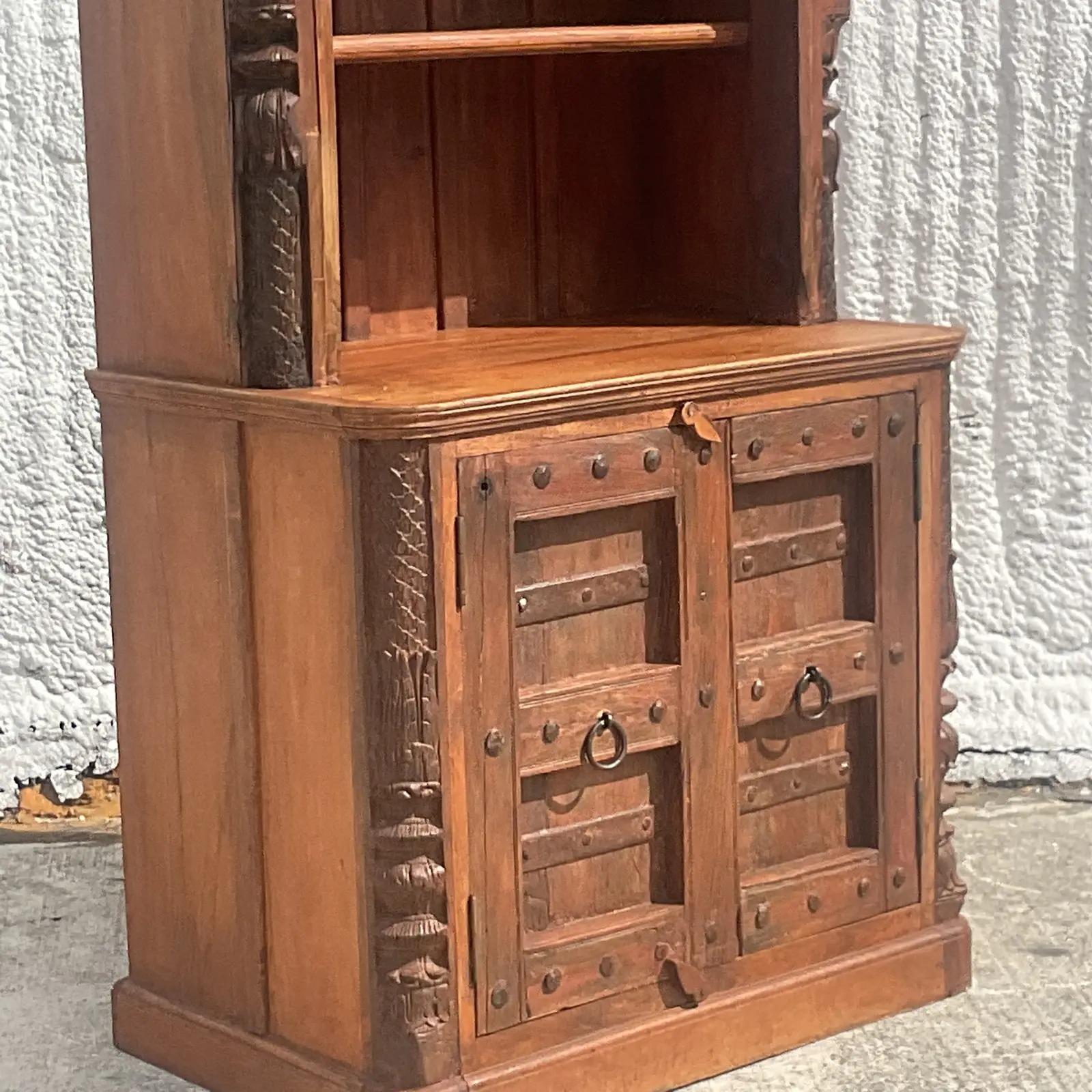 Vintage Boho Moroccan Carved Storage Cabinet In Good Condition For Sale In west palm beach, FL