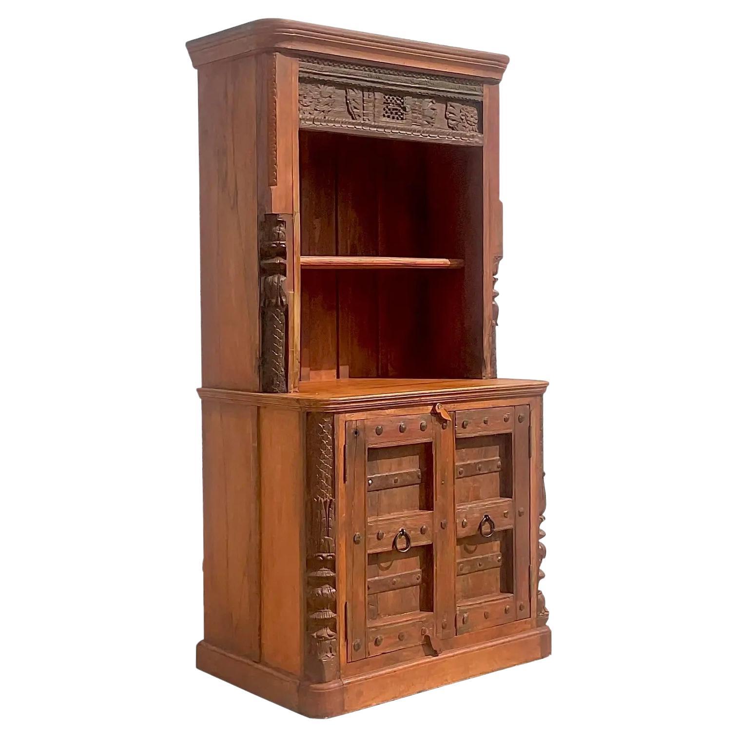 Vintage Boho Moroccan Carved Storage Cabinet For Sale