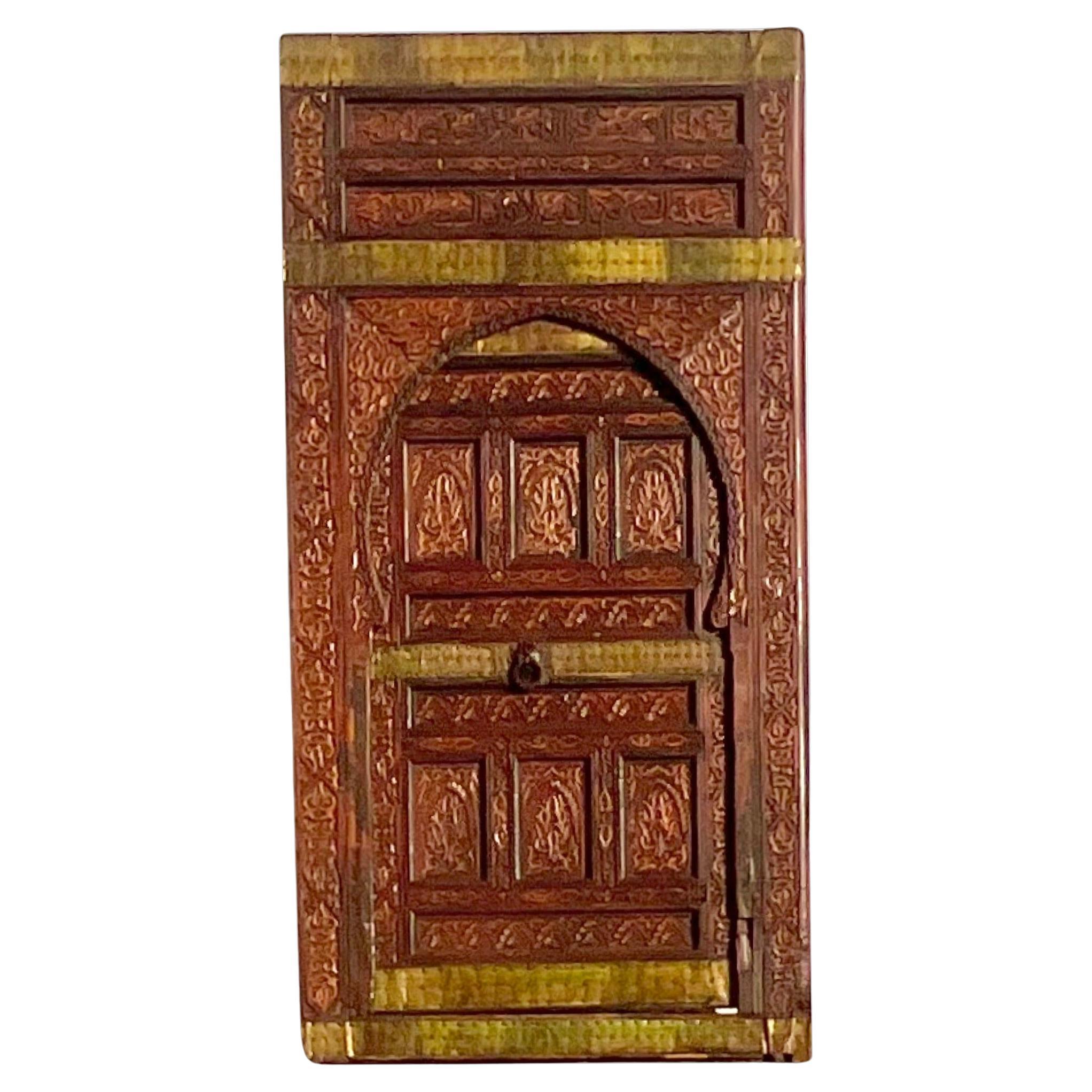 Vintage Boho Moroccan Carved Wooden Door With Brass Detail For Sale