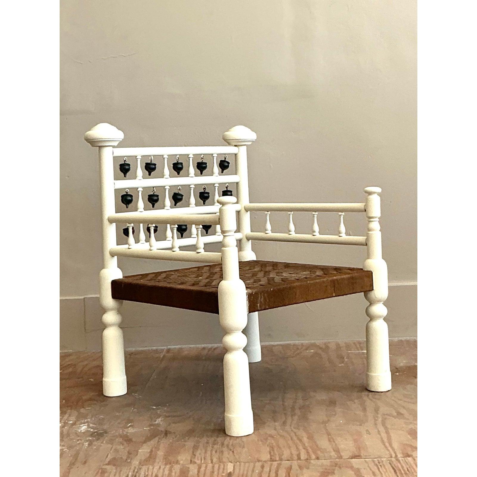 Vintage Boho Moroccan Dangling Bobbin Chair For Sale 4