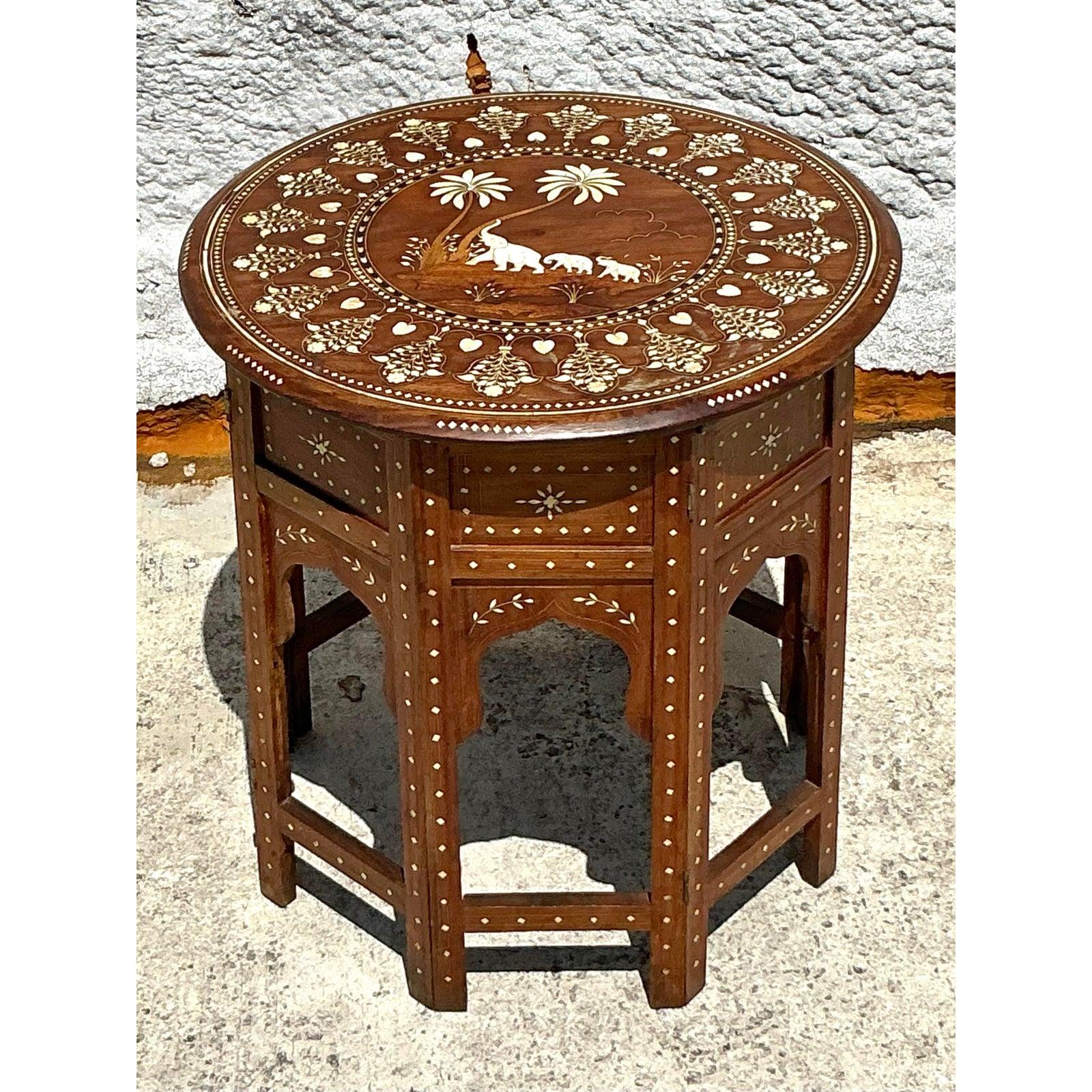 Vintage Boho Moroccan Elephant Inlay Side Table For Sale 4