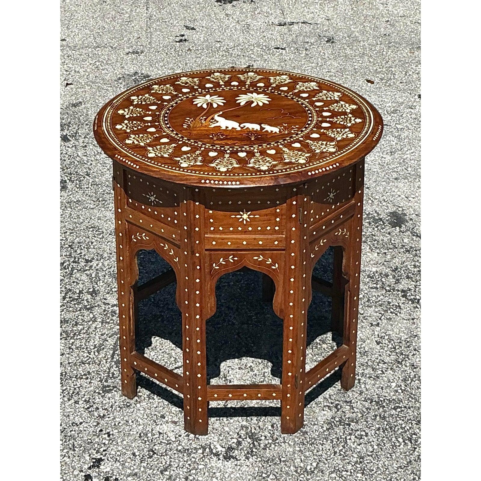 American Vintage Boho Moroccan Elephant Inlay Side Table For Sale