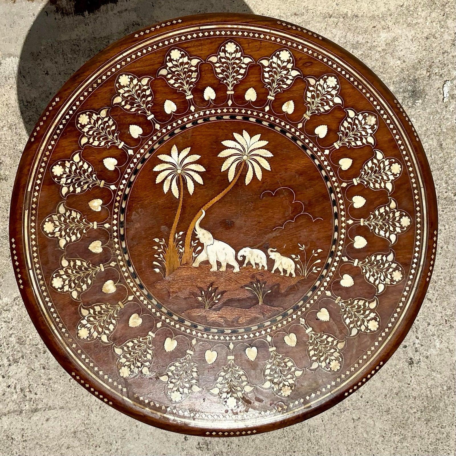 Vintage Boho Moroccan Elephant Inlay Side Table In Good Condition For Sale In West Palm Beach, FL