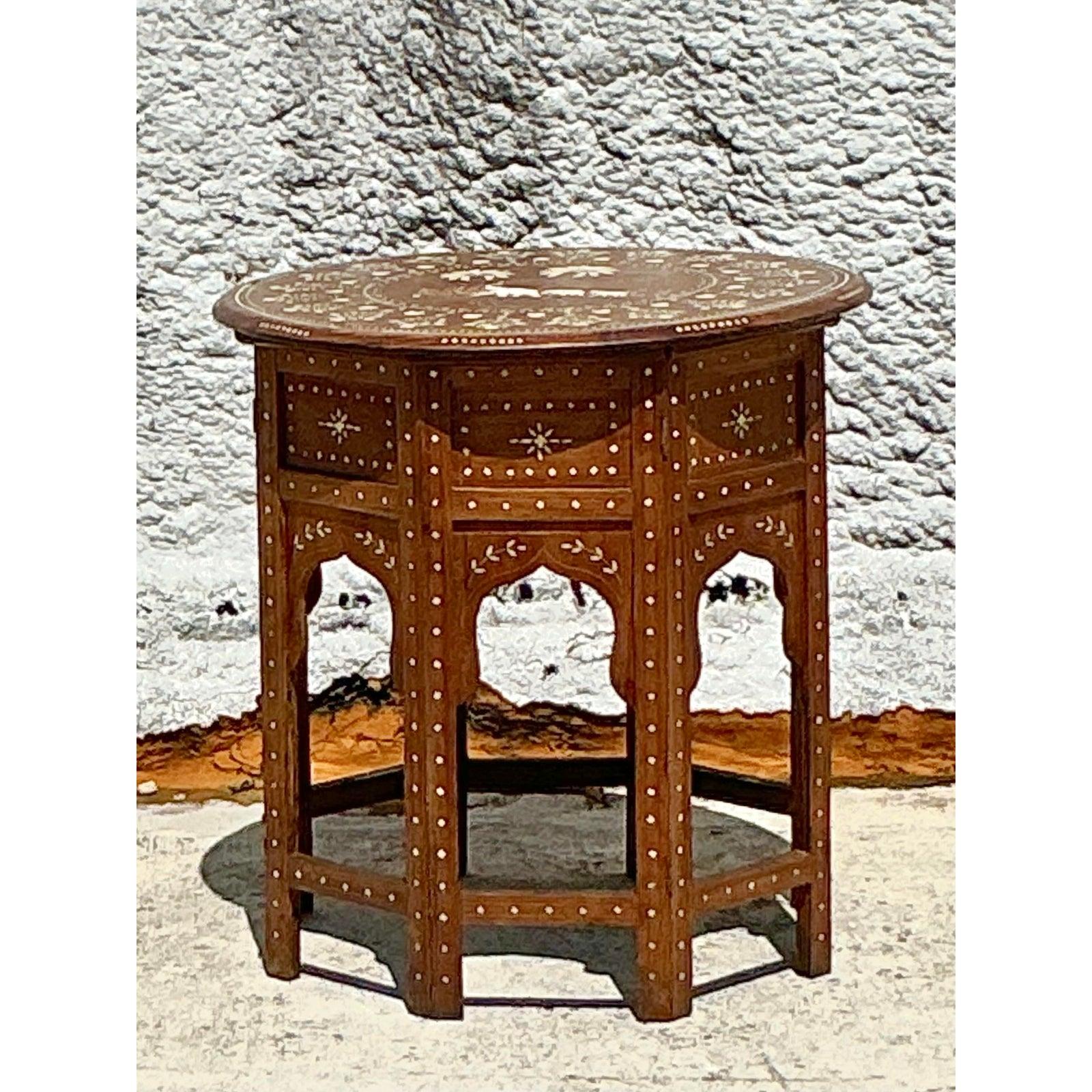 20th Century Vintage Boho Moroccan Elephant Inlay Side Table For Sale