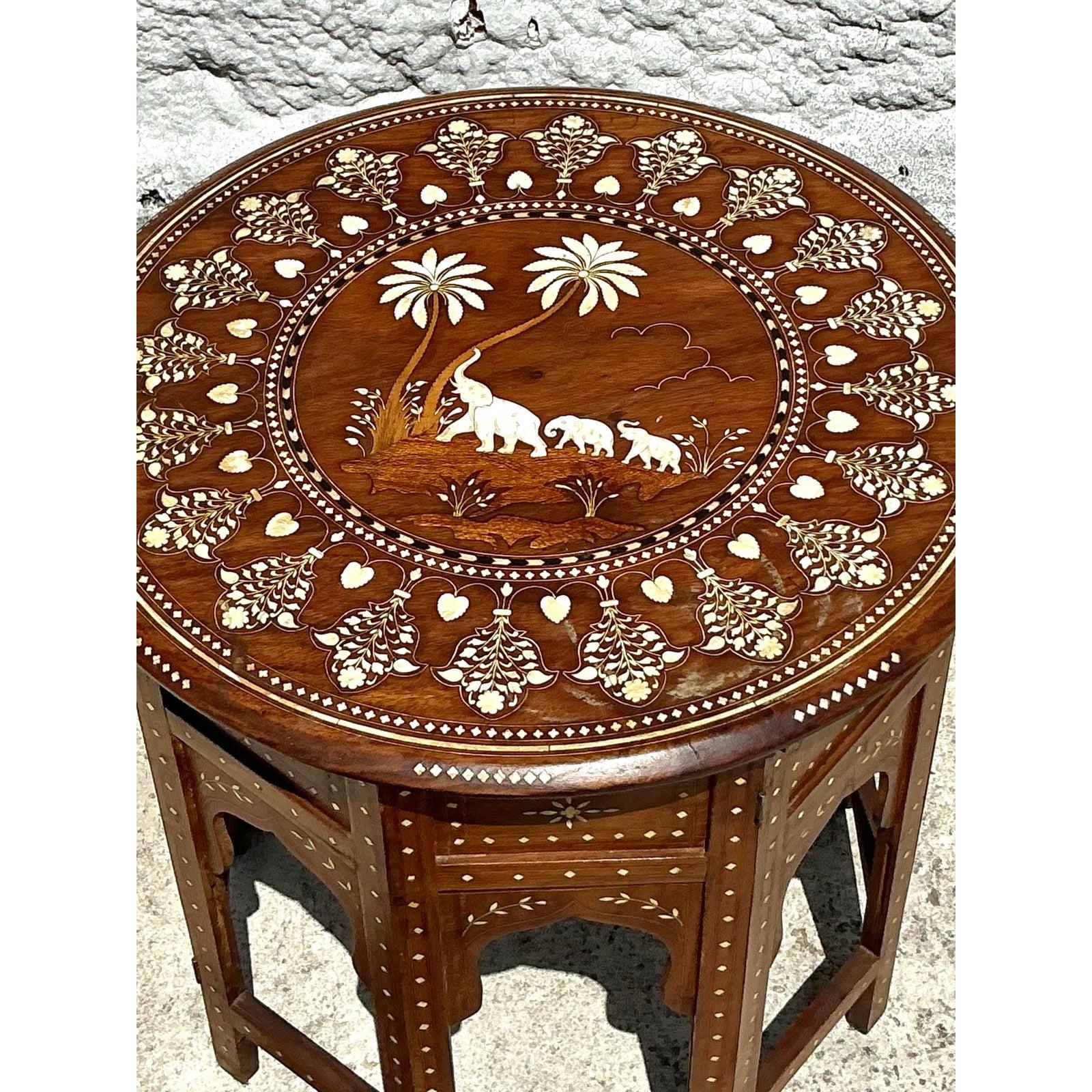 Wood Vintage Boho Moroccan Elephant Inlay Side Table For Sale