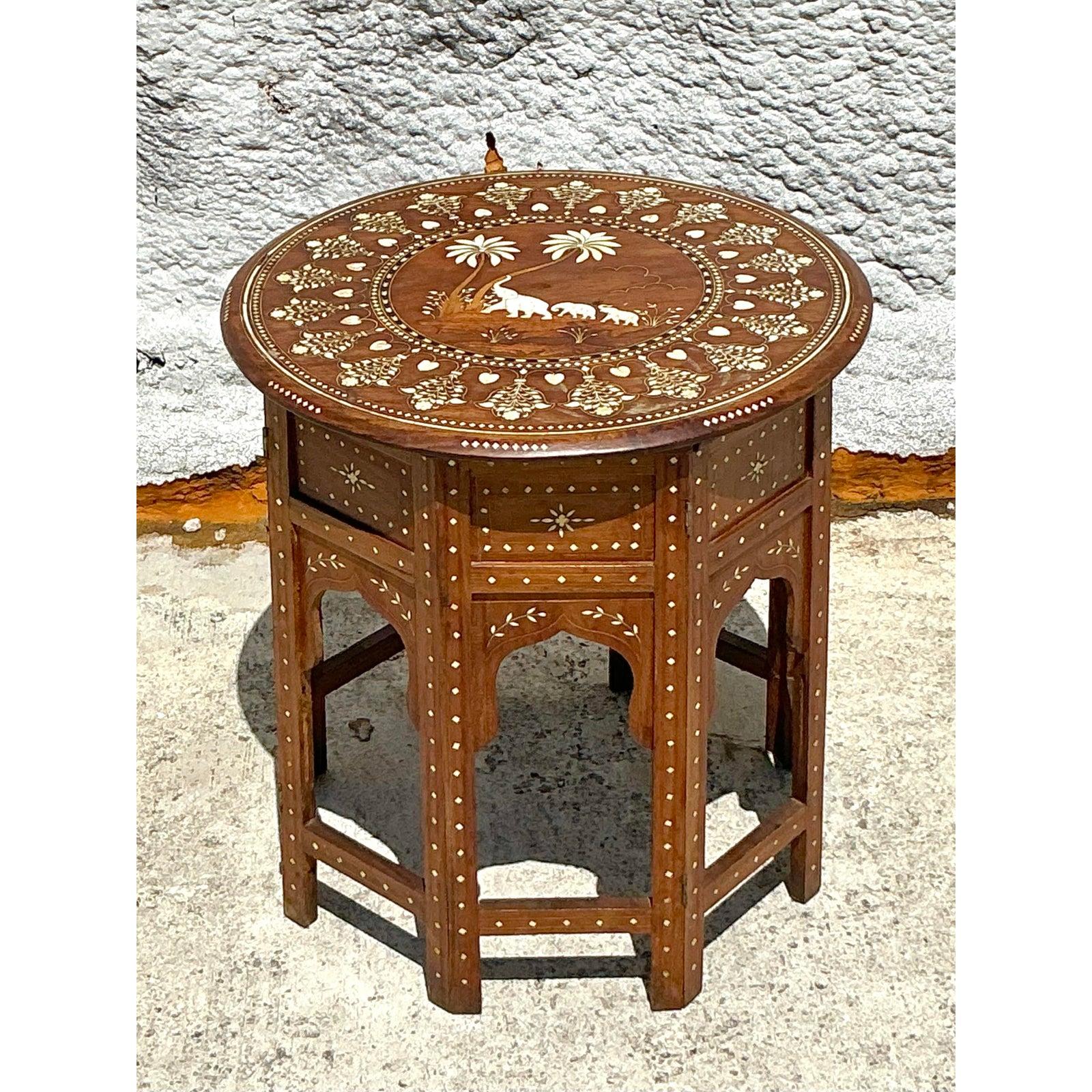 Vintage Boho Moroccan Elephant Inlay Side Table For Sale 2