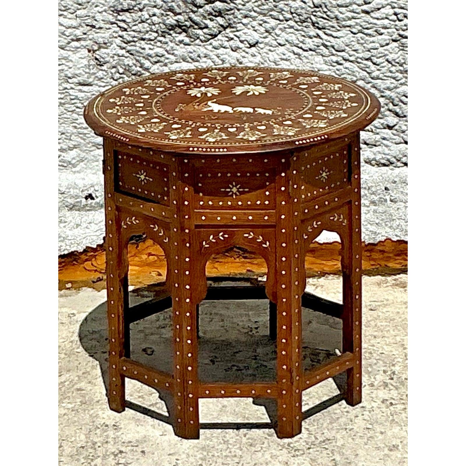 Vintage Boho Moroccan Elephant Inlay Side Table For Sale 3