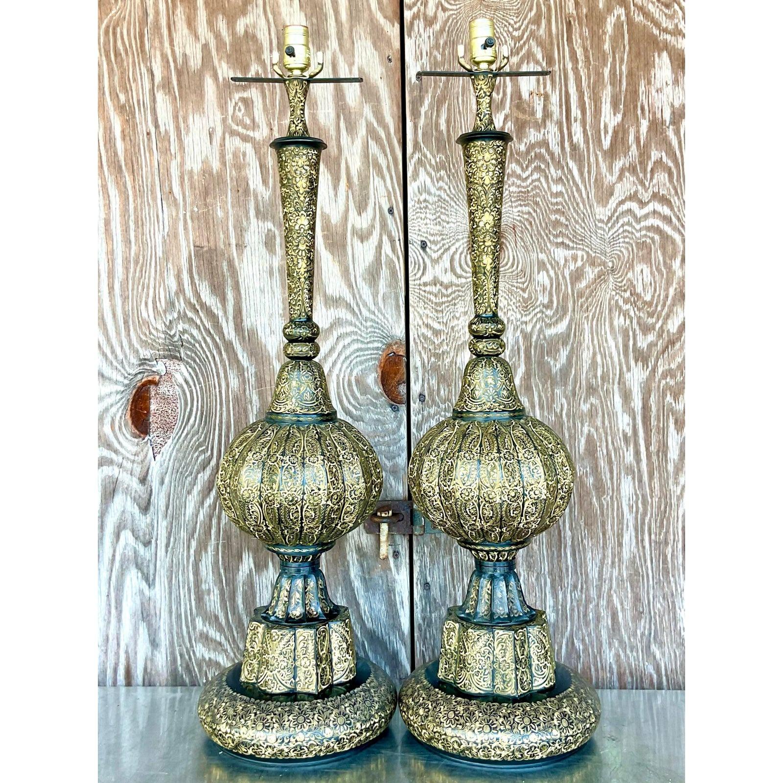 A fabulous pair of vintage Boho table lamps. Monumental in size and drama. Beautiful Moroccan shape with etched enamel and brass. A striking look. Acquired from a palm Beach estate.