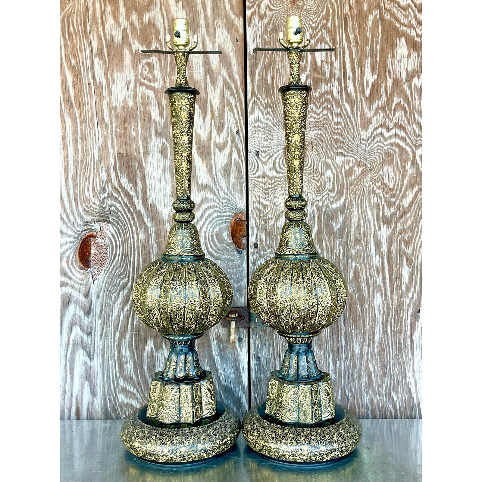 20th Century Vintage Boho Moroccan Etched Enamel and Brass Lamps - a Pair For Sale