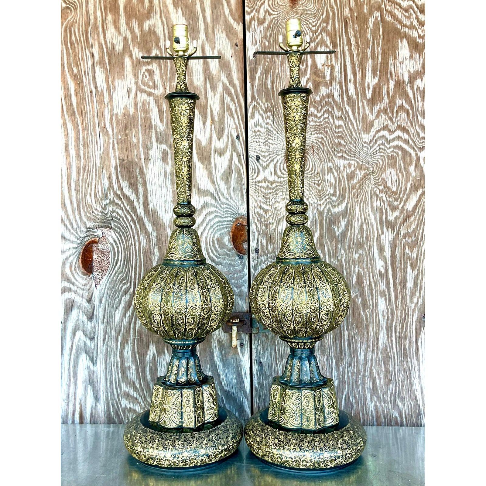 Vintage Boho Moroccan Etched Enamel and Brass Lamps - a Pair For Sale 1