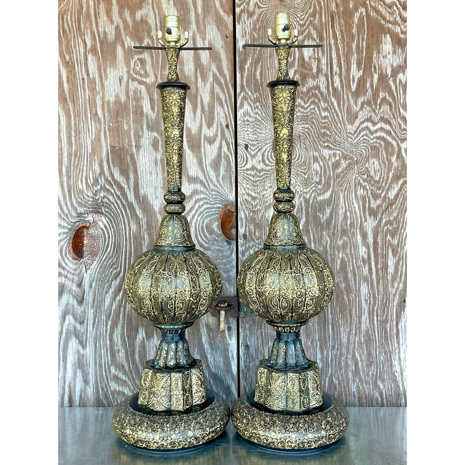 Vintage Boho Moroccan Etched Enamel and Brass Lamps - a Pair For Sale 2