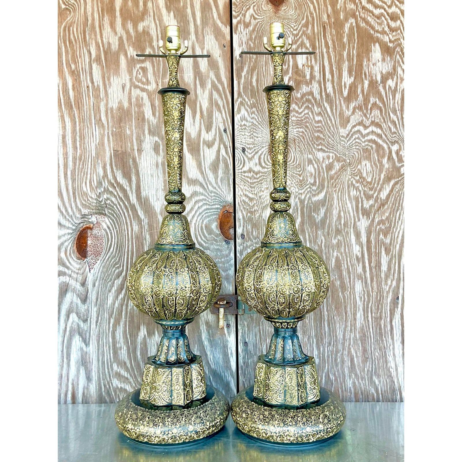 Vintage Boho Moroccan Etched Enamel and Brass Lamps - a Pair For Sale 4