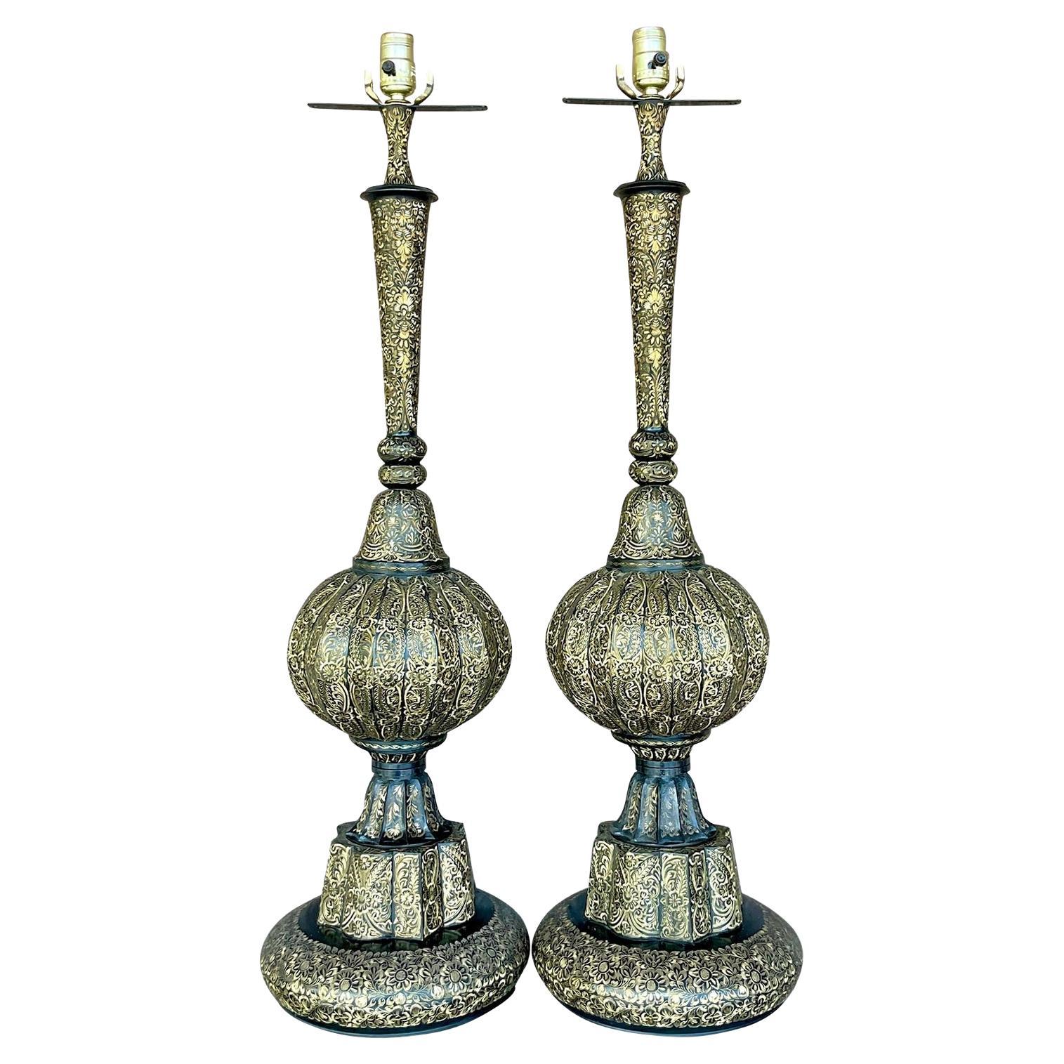 Vintage Boho Moroccan Etched Enamel and Brass Lamps - a Pair