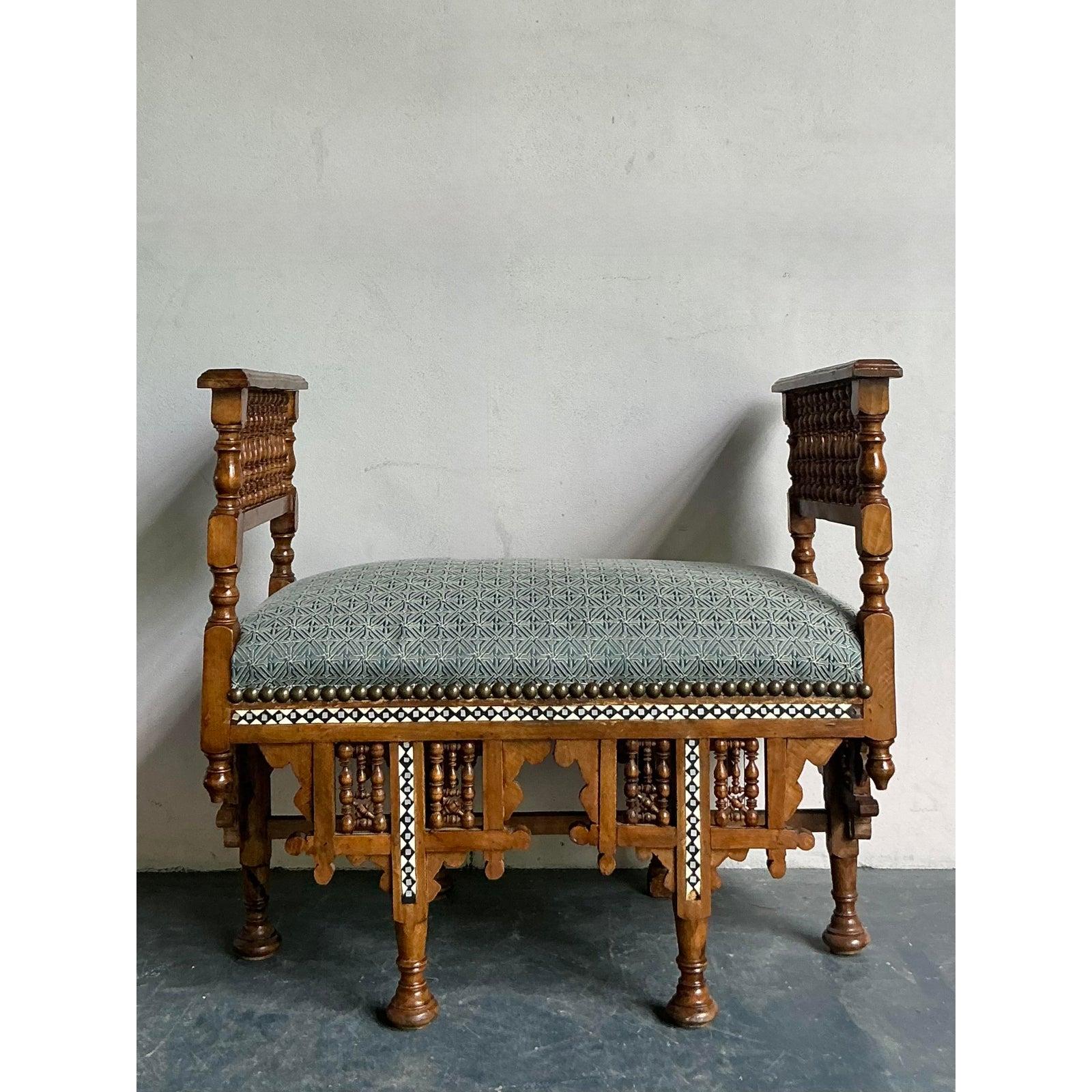 Vintage Boho Moroccan Inlay Bench In Good Condition For Sale In West Palm Beach, FL