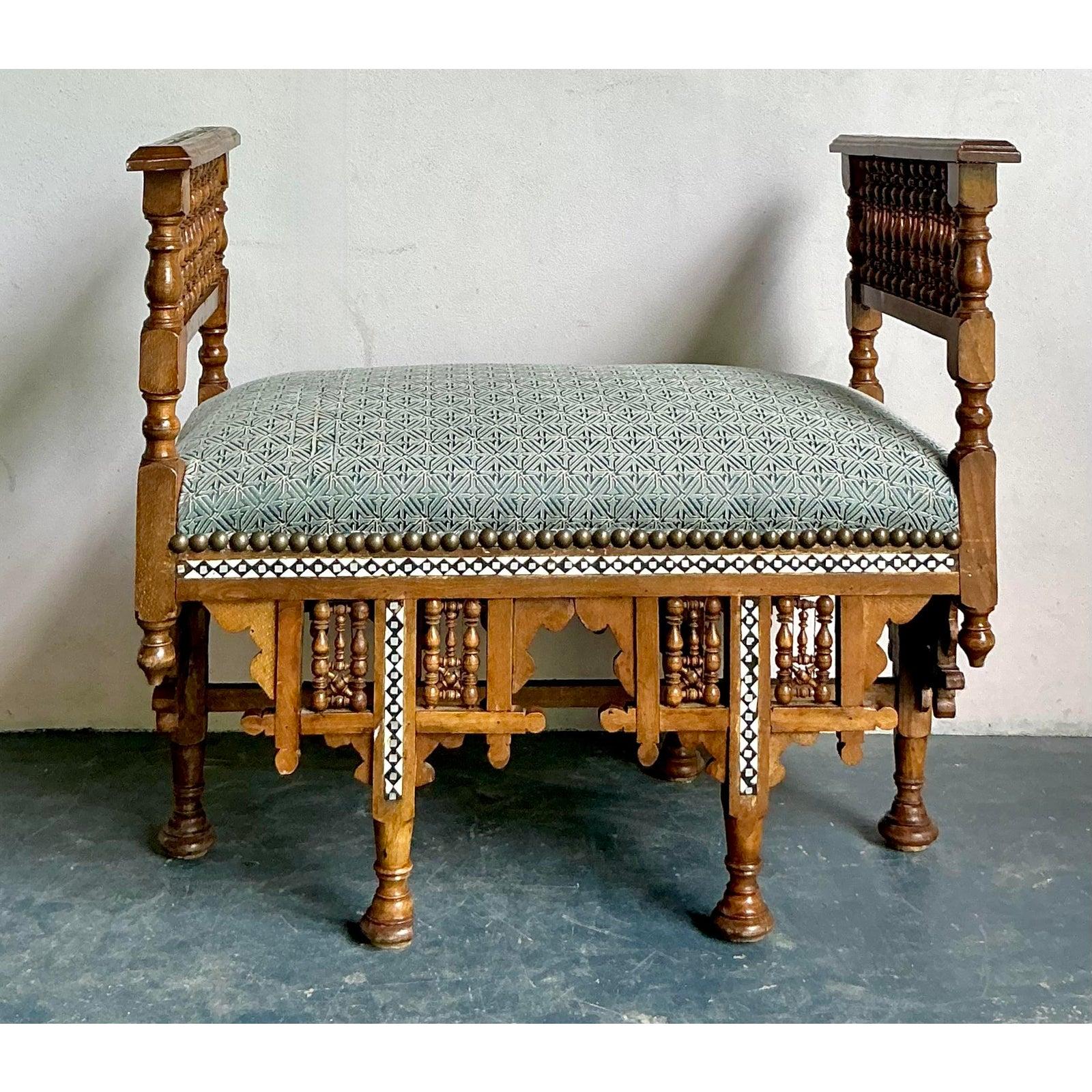20th Century Vintage Boho Moroccan Inlay Bench For Sale