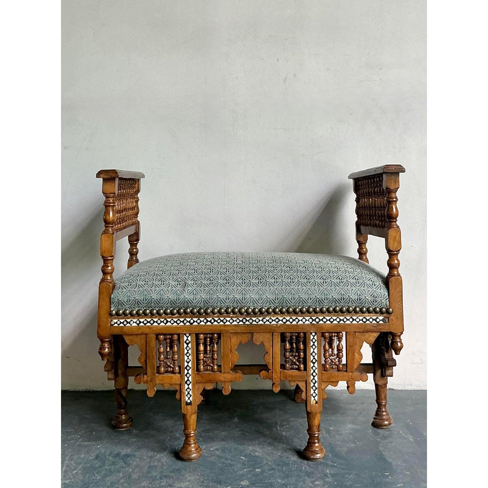 Brass Vintage Boho Moroccan Inlay Bench For Sale