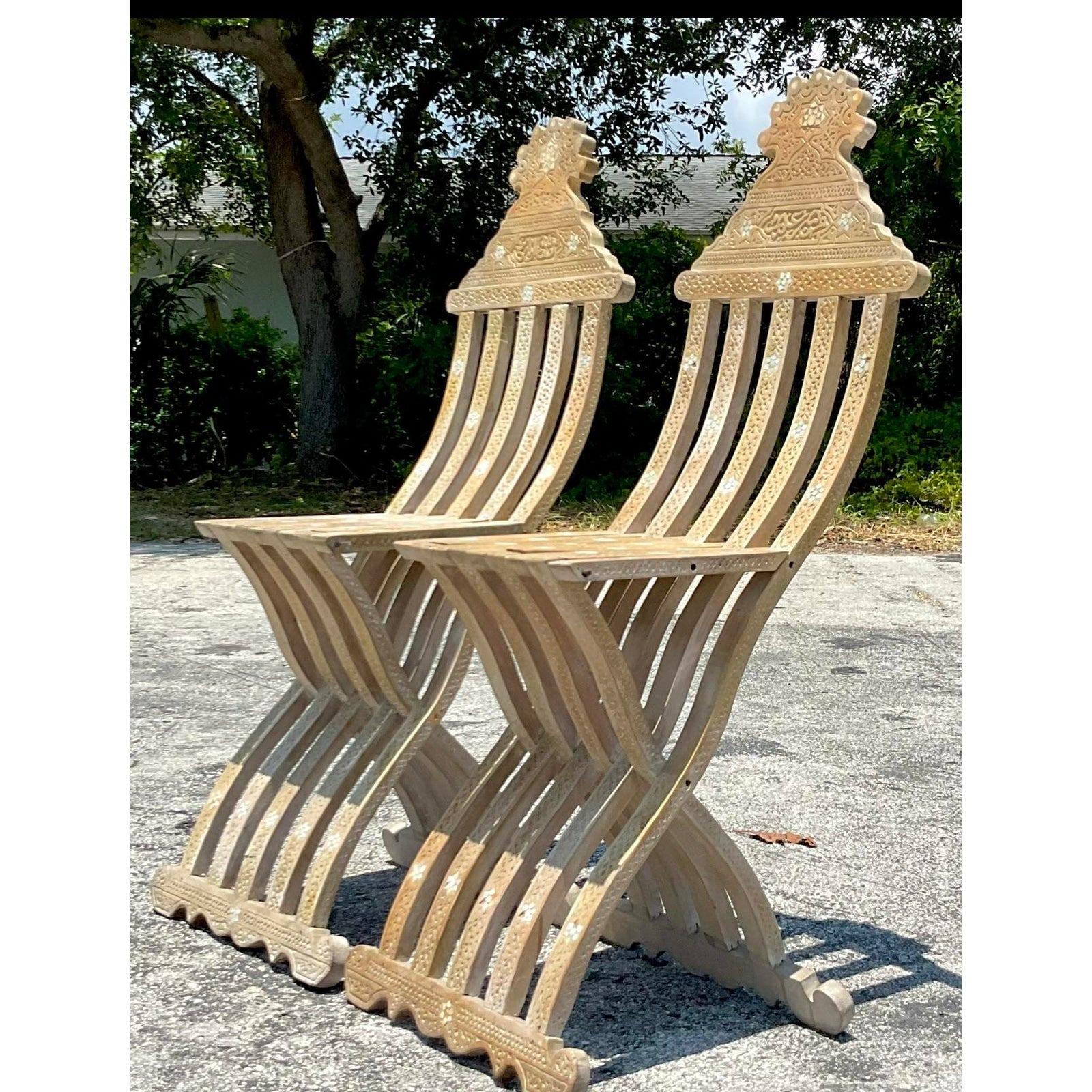 Vintage Boho Moroccan Inlay Chairs - a Pair In Good Condition For Sale In west palm beach, FL