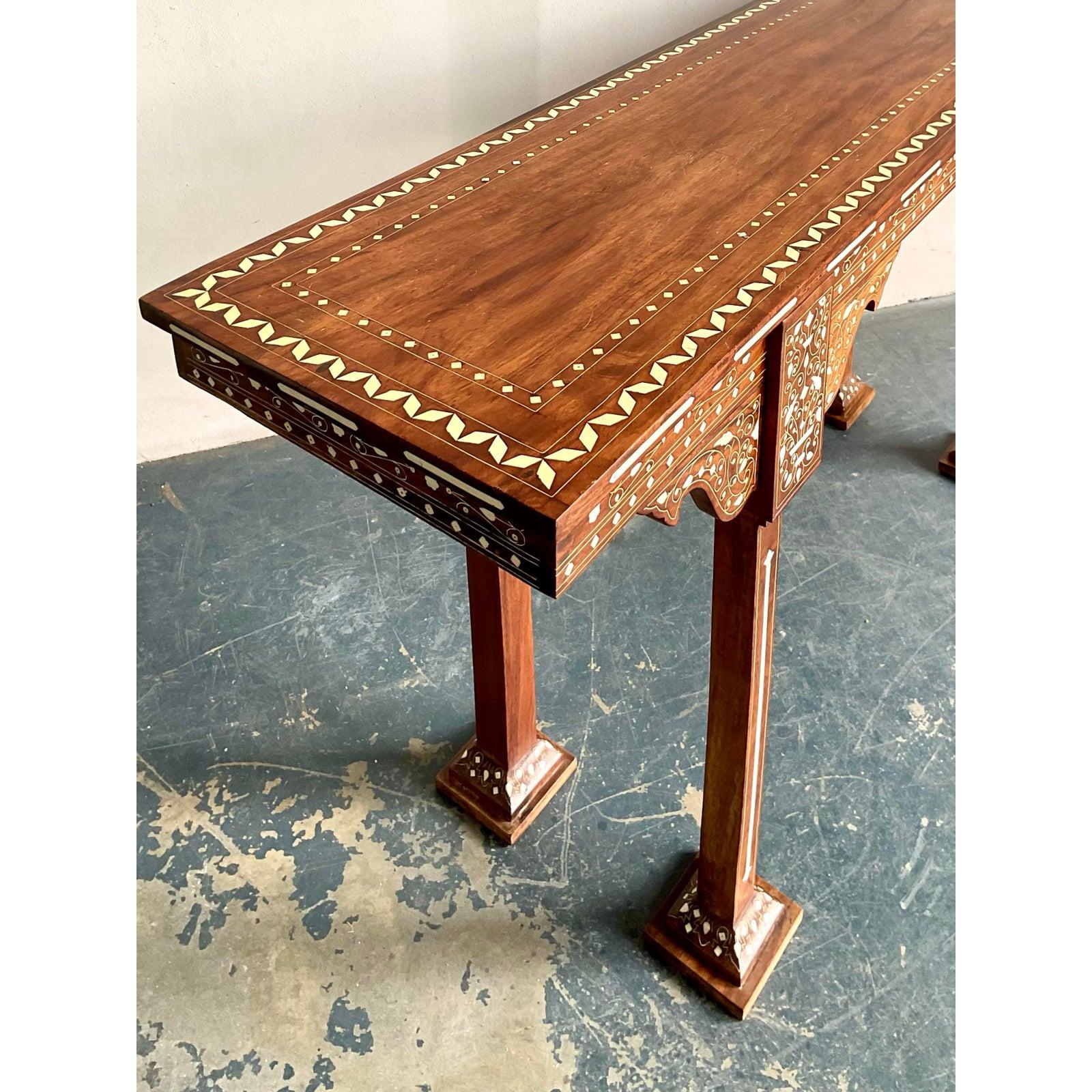Vintage Boho Moroccan Inlay Console Table In Good Condition For Sale In West Palm Beach, FL