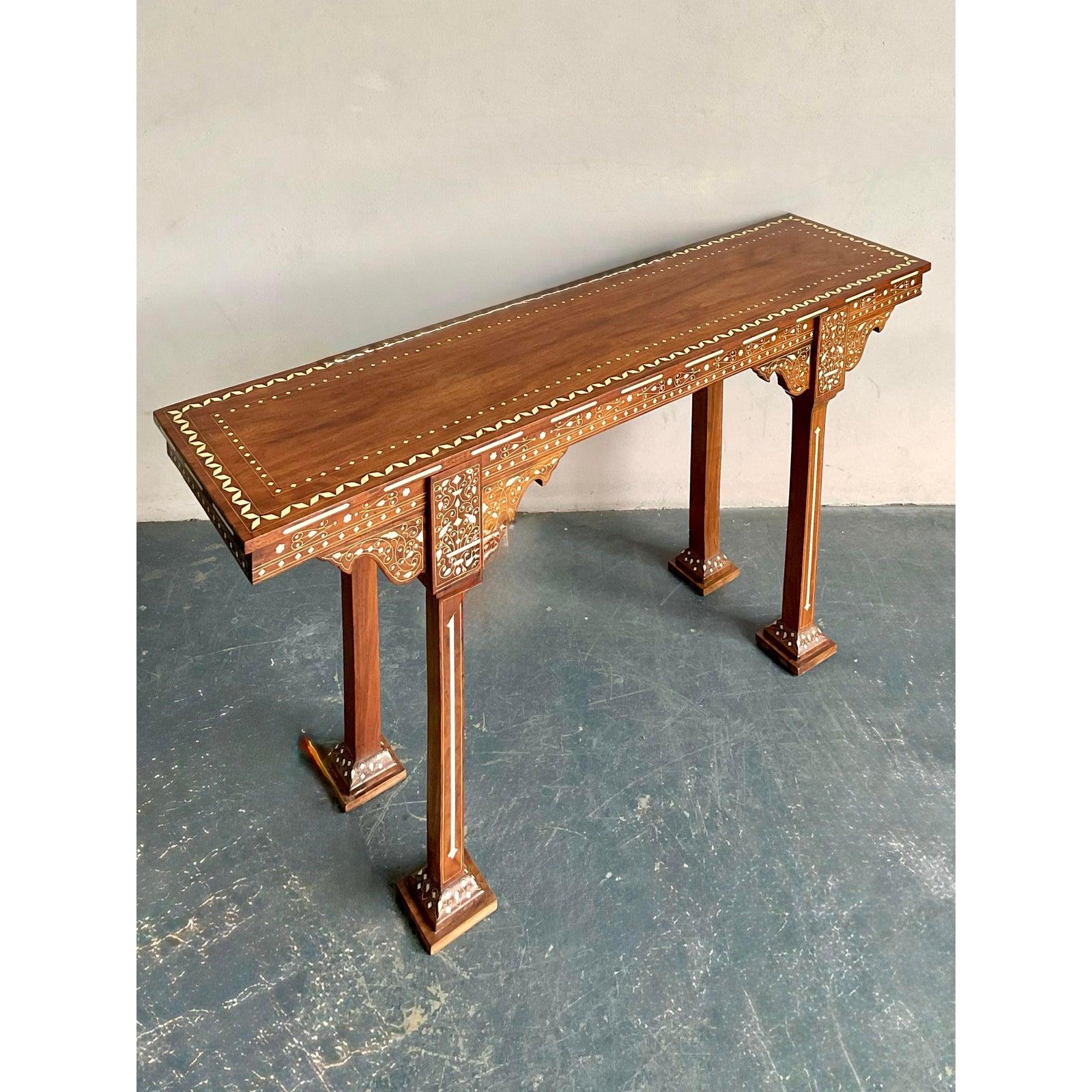 20th Century Vintage Boho Moroccan Inlay Console Table For Sale