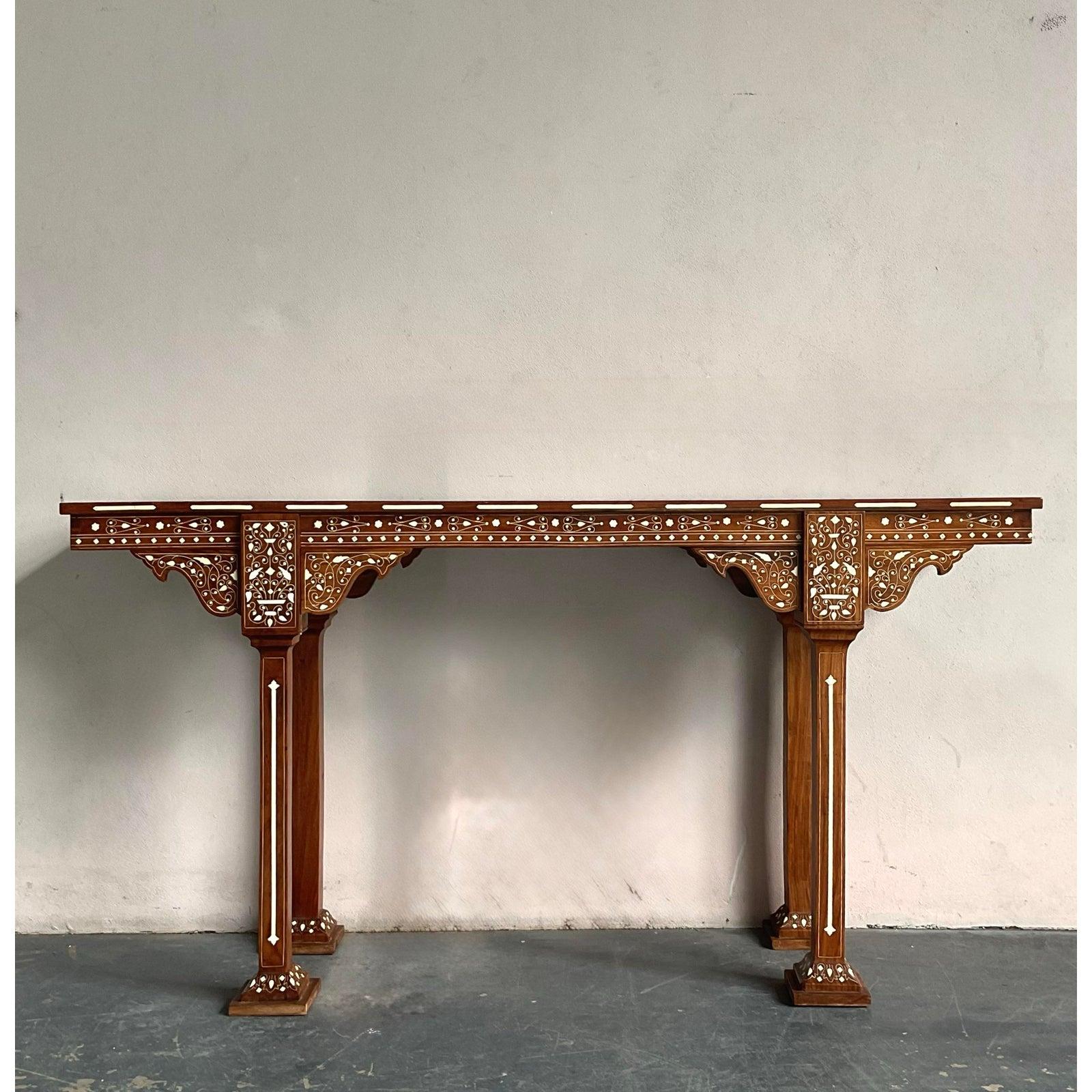 Bone Vintage Boho Moroccan Inlay Console Table For Sale