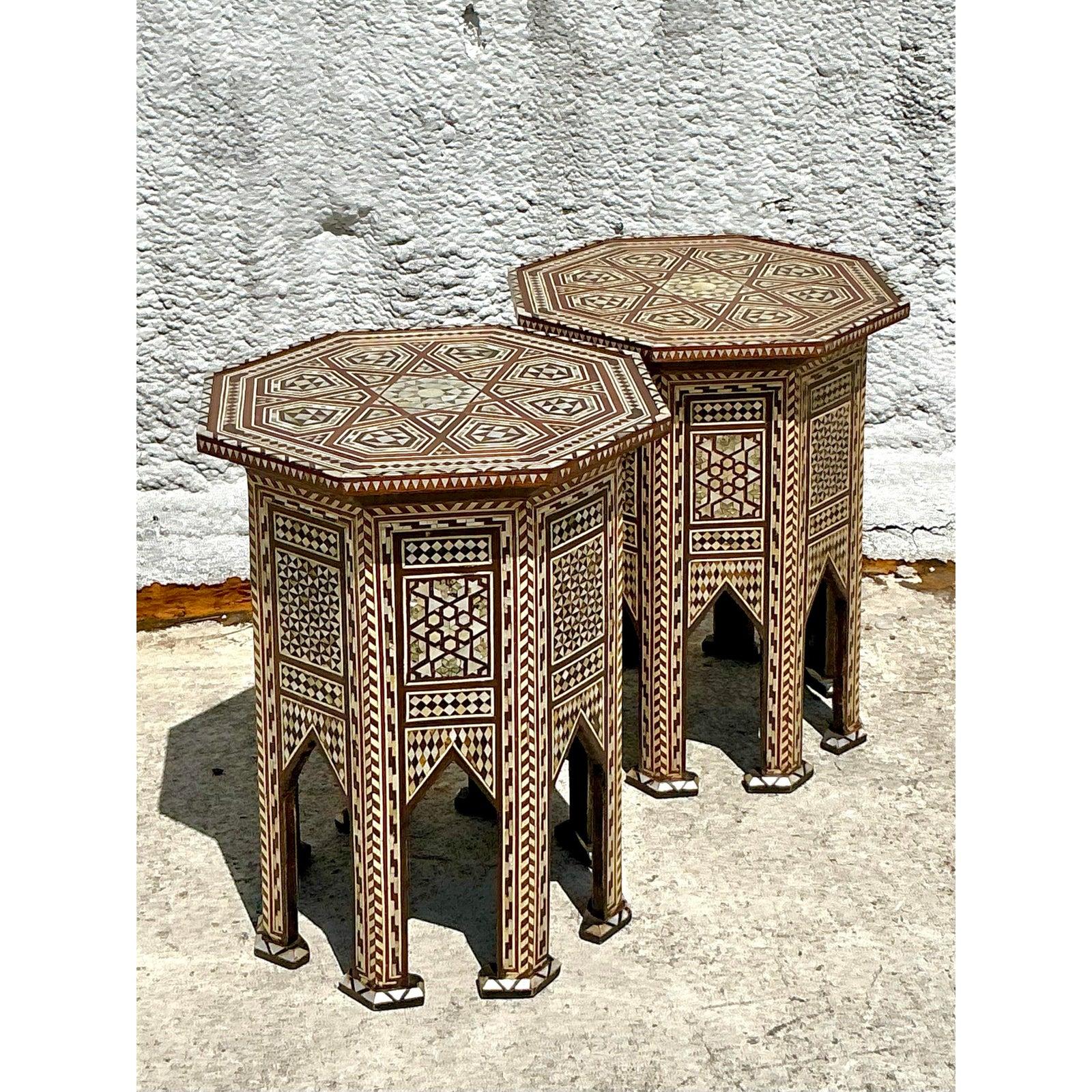 Vintage Boho Moroccan Inlay Drinks Tables - A Pair For Sale 4