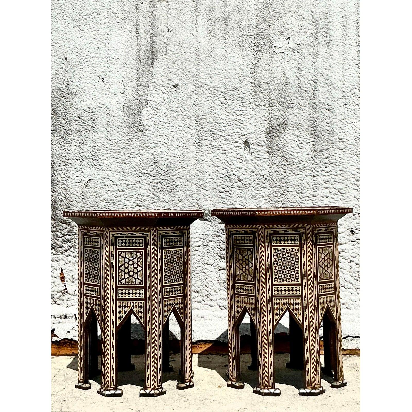 Art Deco Vintage Boho Moroccan Inlay Drinks Tables - A Pair For Sale