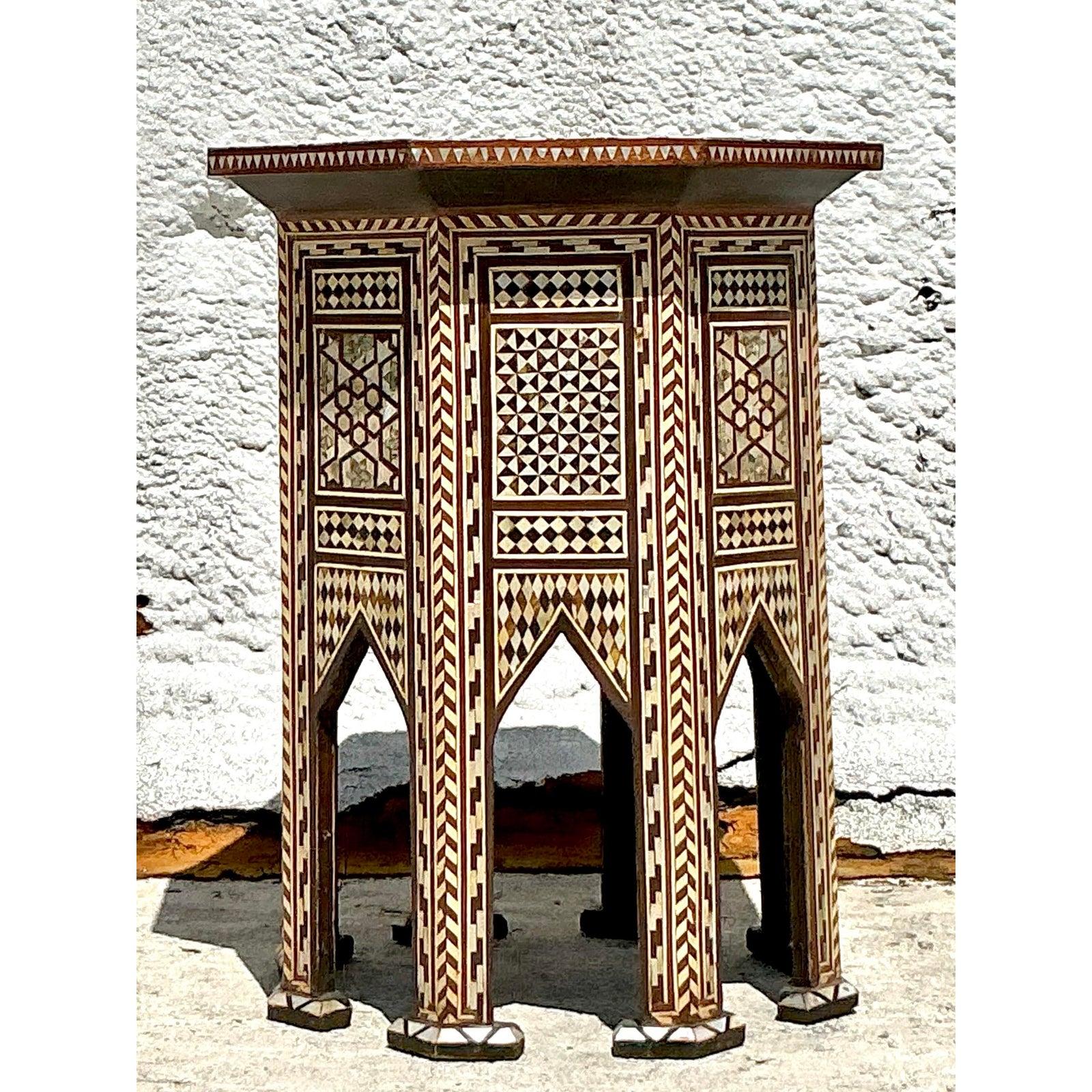 Vintage Boho Moroccan Inlay Drinks Tables - A Pair In Good Condition For Sale In West Palm Beach, FL
