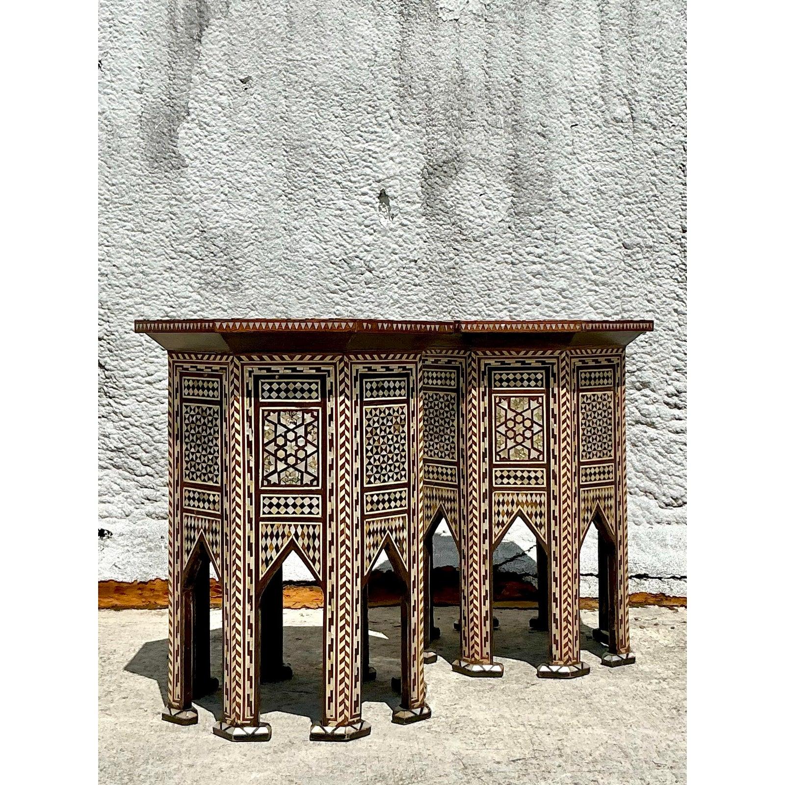 Mother-of-Pearl Vintage Boho Moroccan Inlay Drinks Tables - A Pair For Sale