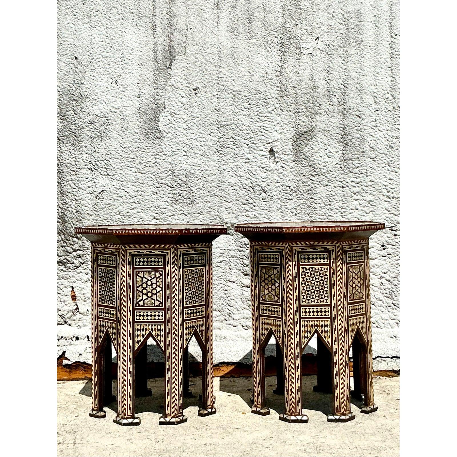Vintage Boho Moroccan Inlay Drinks Tables - A Pair For Sale 3