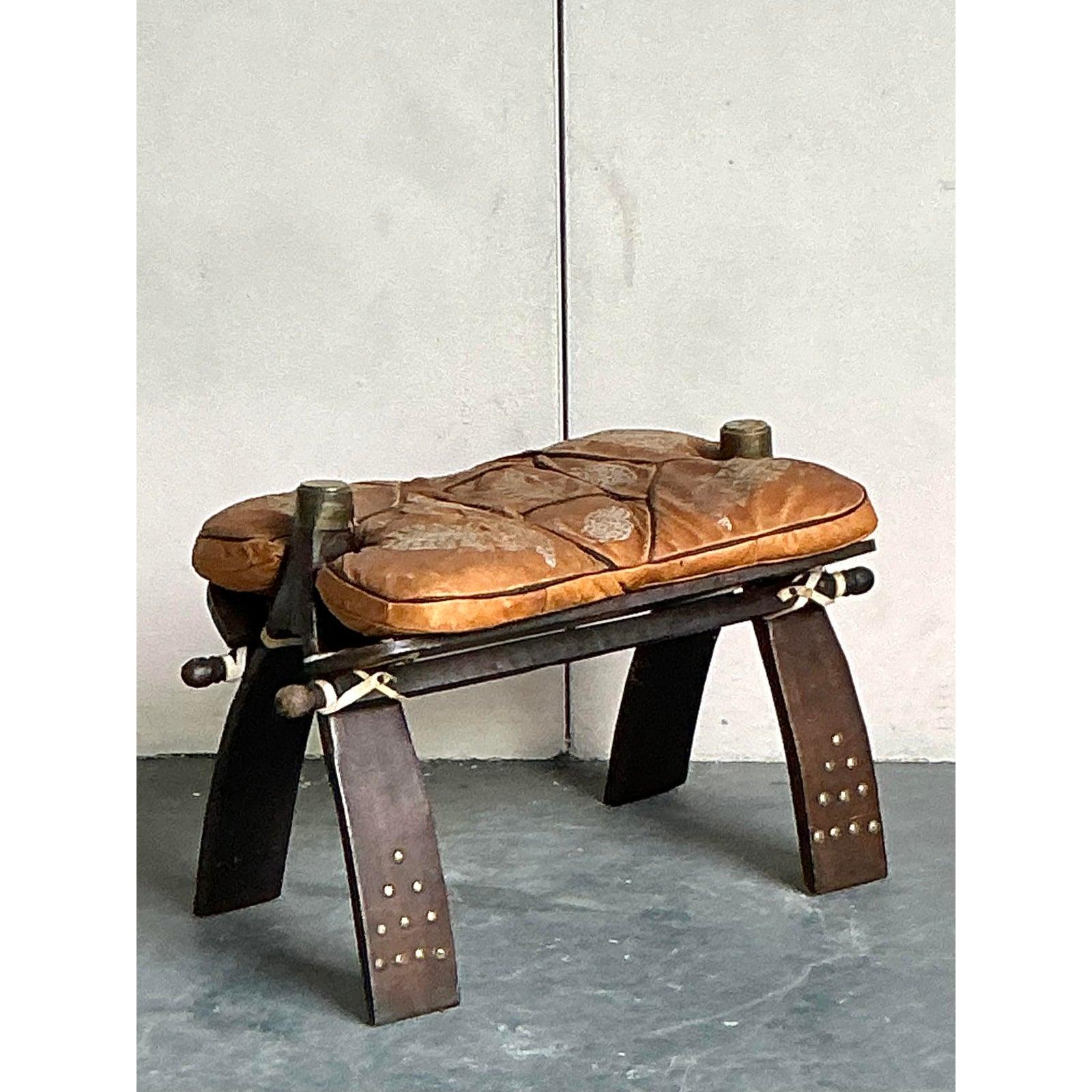 Rustic Vintage Boho Moroccan Leather Camel Stool For Sale