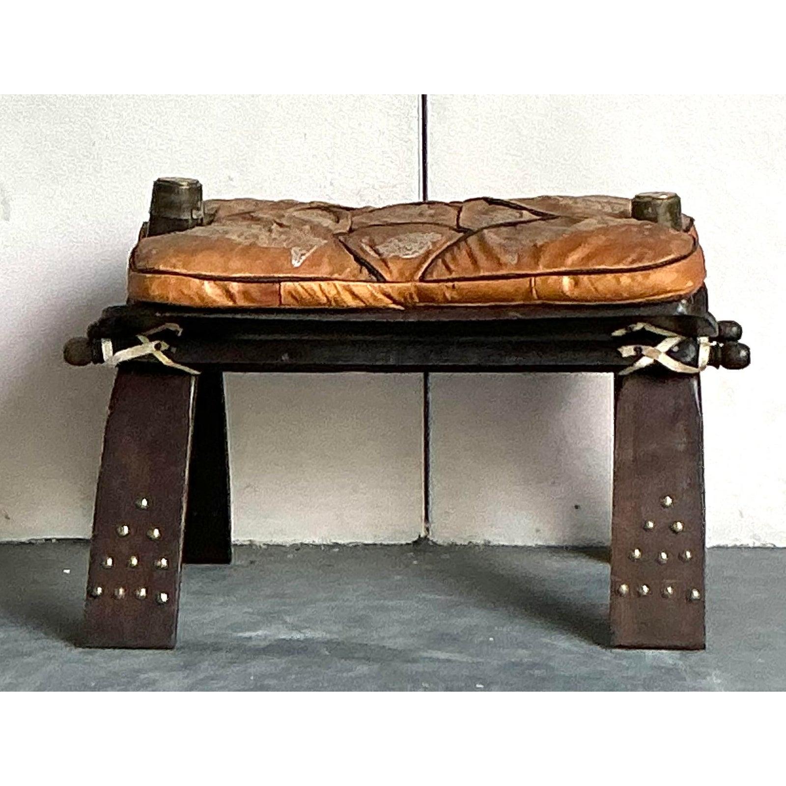 Vintage Boho Moroccan Leather Camel Stool In Good Condition For Sale In West Palm Beach, FL