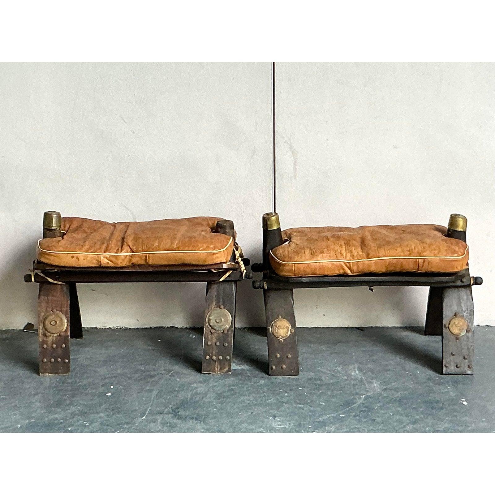 Rustic Vintage Boho Moroccan Leather Camel Stools - Set of 2 For Sale