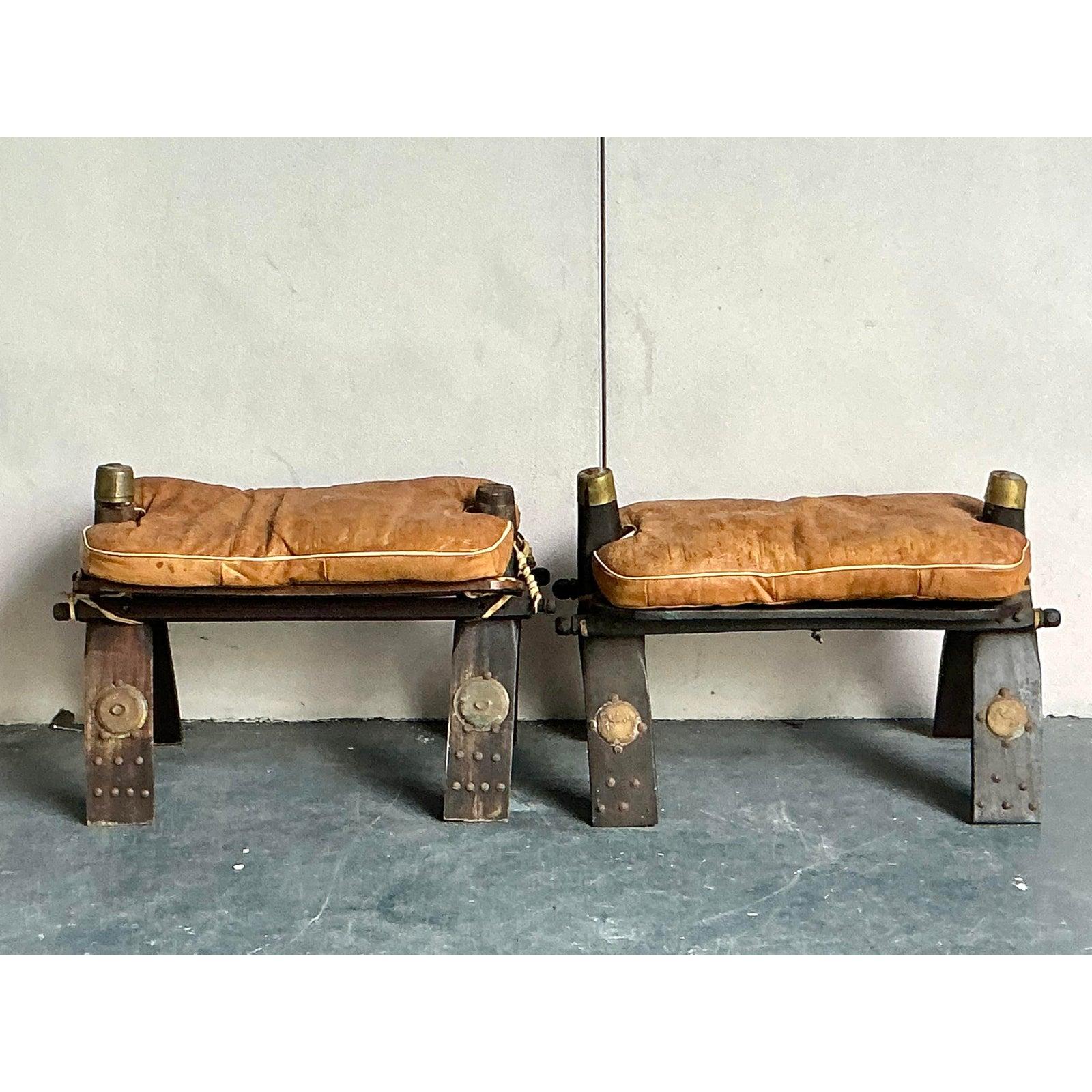 20th Century Vintage Boho Moroccan Leather Camel Stools - Set of 2 For Sale