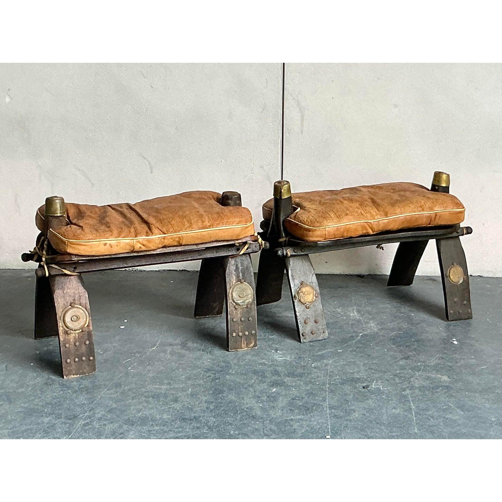 Brass Vintage Boho Moroccan Leather Camel Stools - Set of 2 For Sale