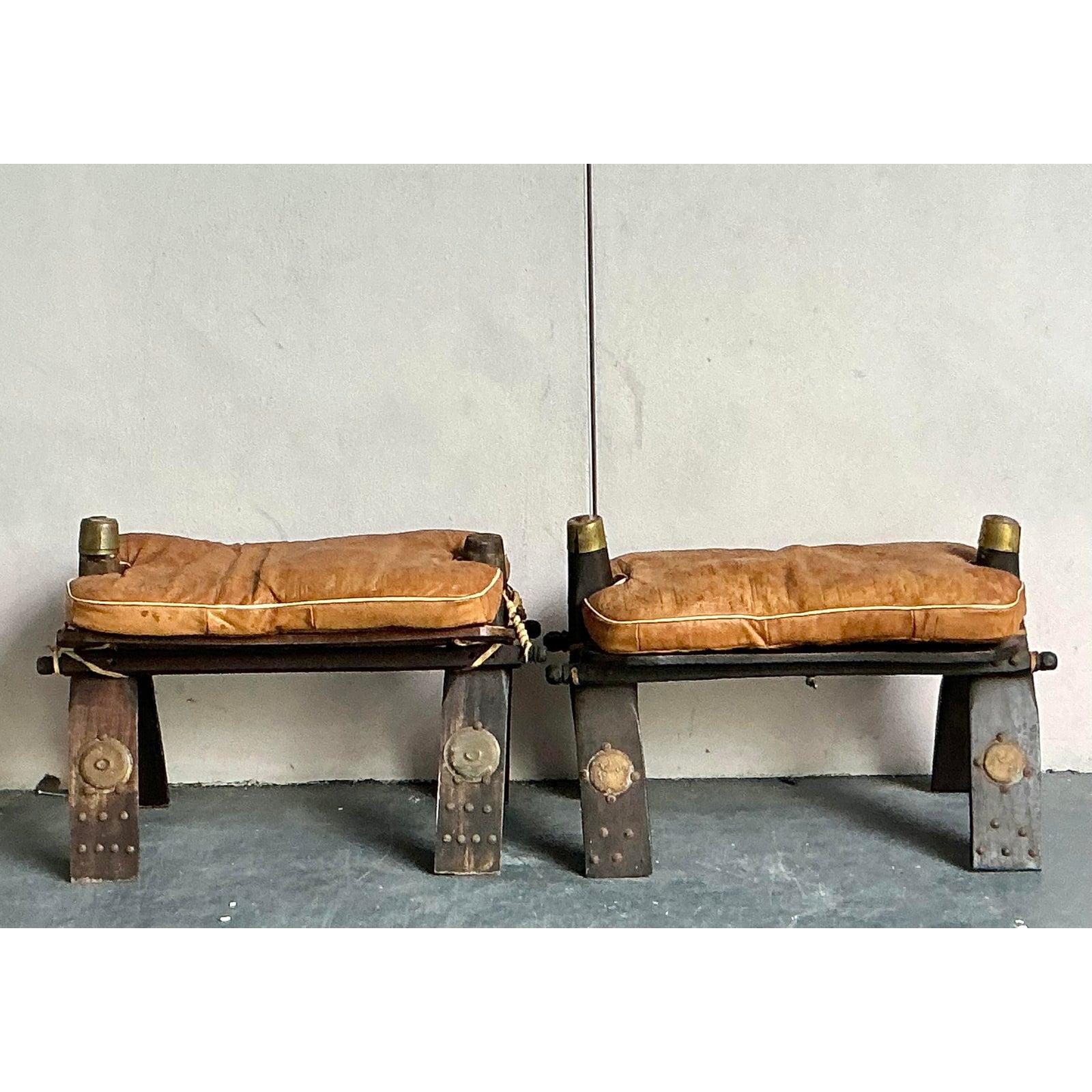 Vintage Boho Moroccan Leather Camel Stools - Set of 2 For Sale 1