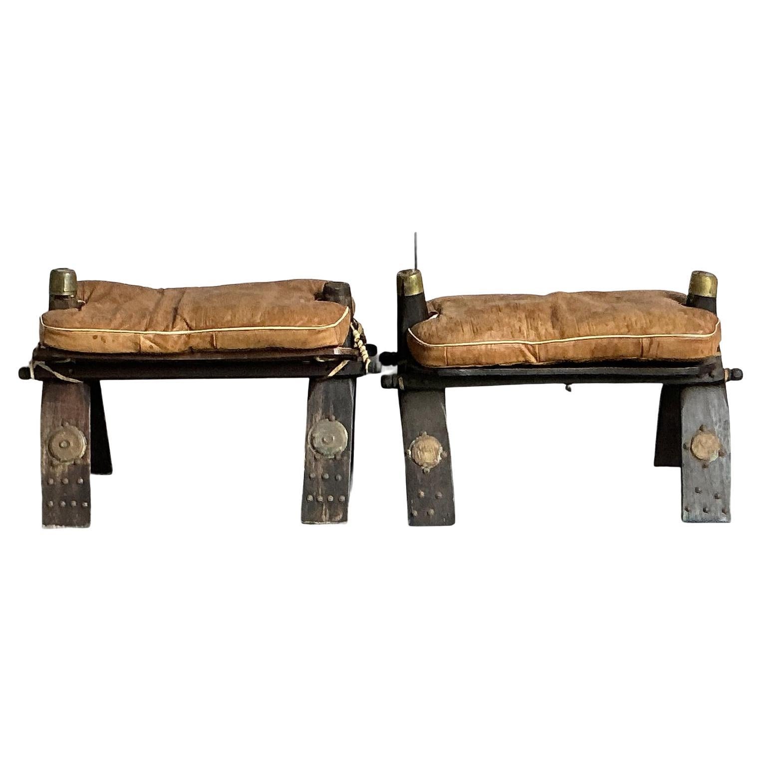 Vintage Boho Moroccan Leather Camel Stools - Set of 2