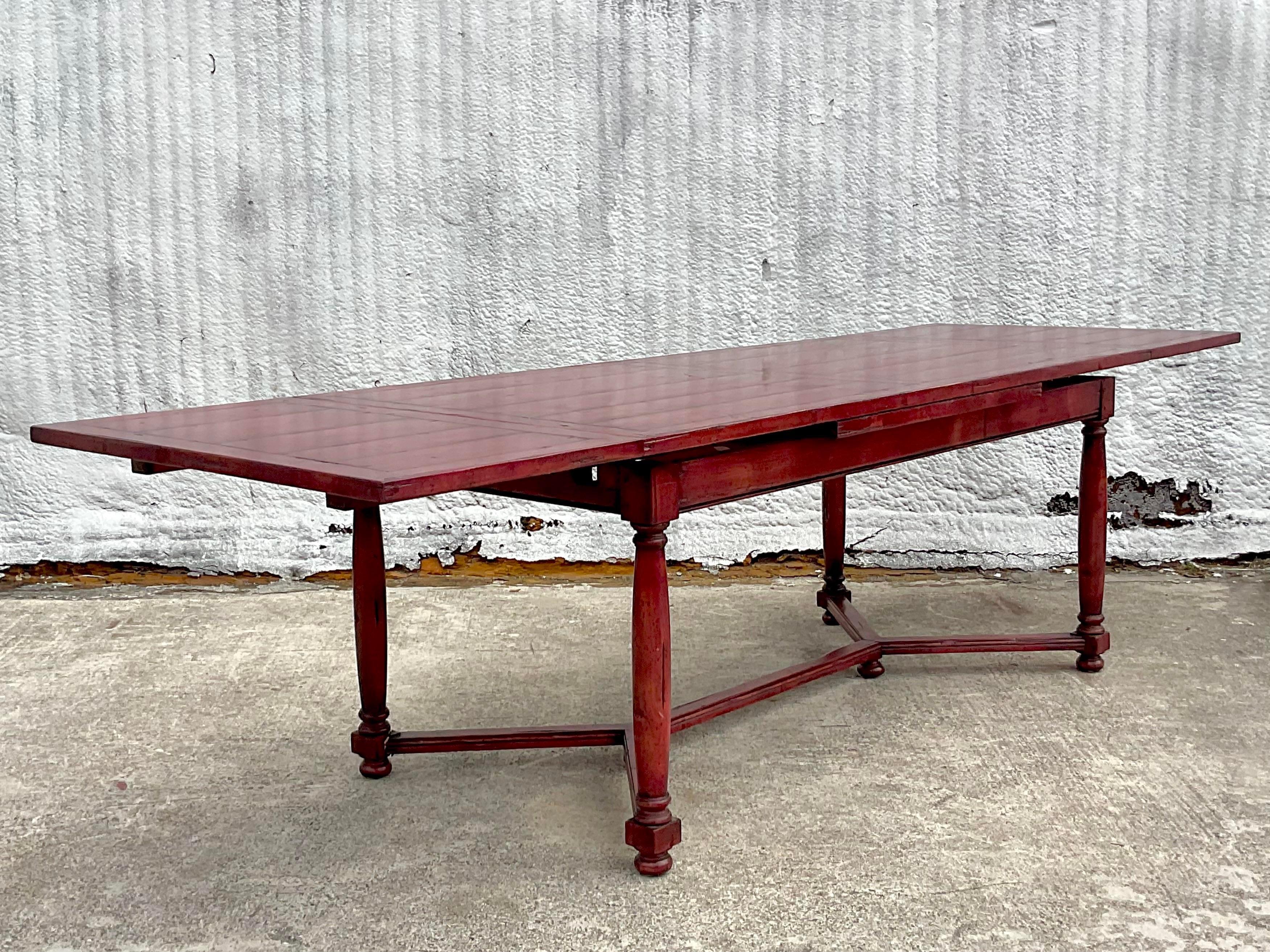 Vintage Boho Moroccan Red Reclaimed Wood Extendable Farm Table For Sale 5