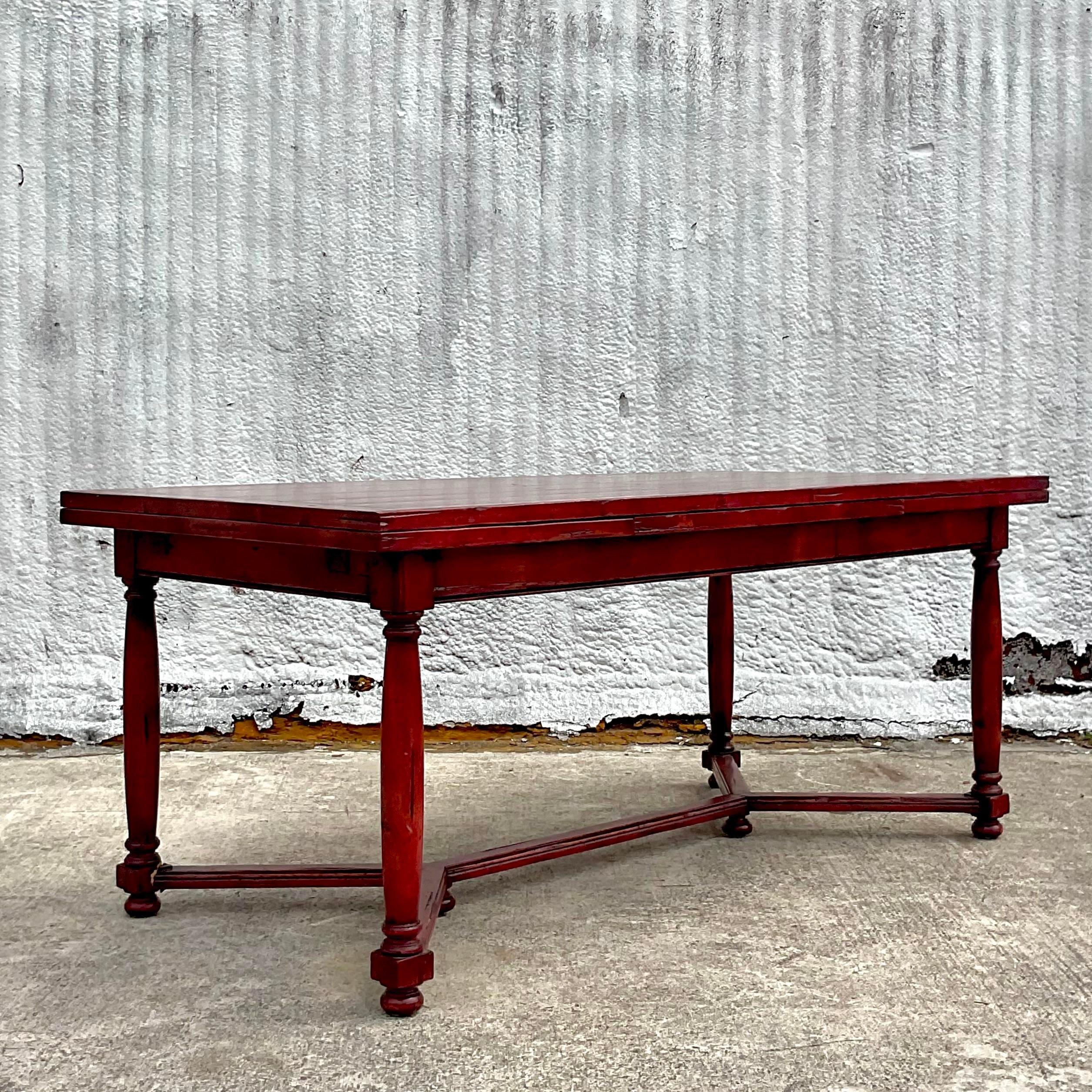 Vintage Boho Moroccan Red Reclaimed Wood Extendable Farm Table For Sale 1