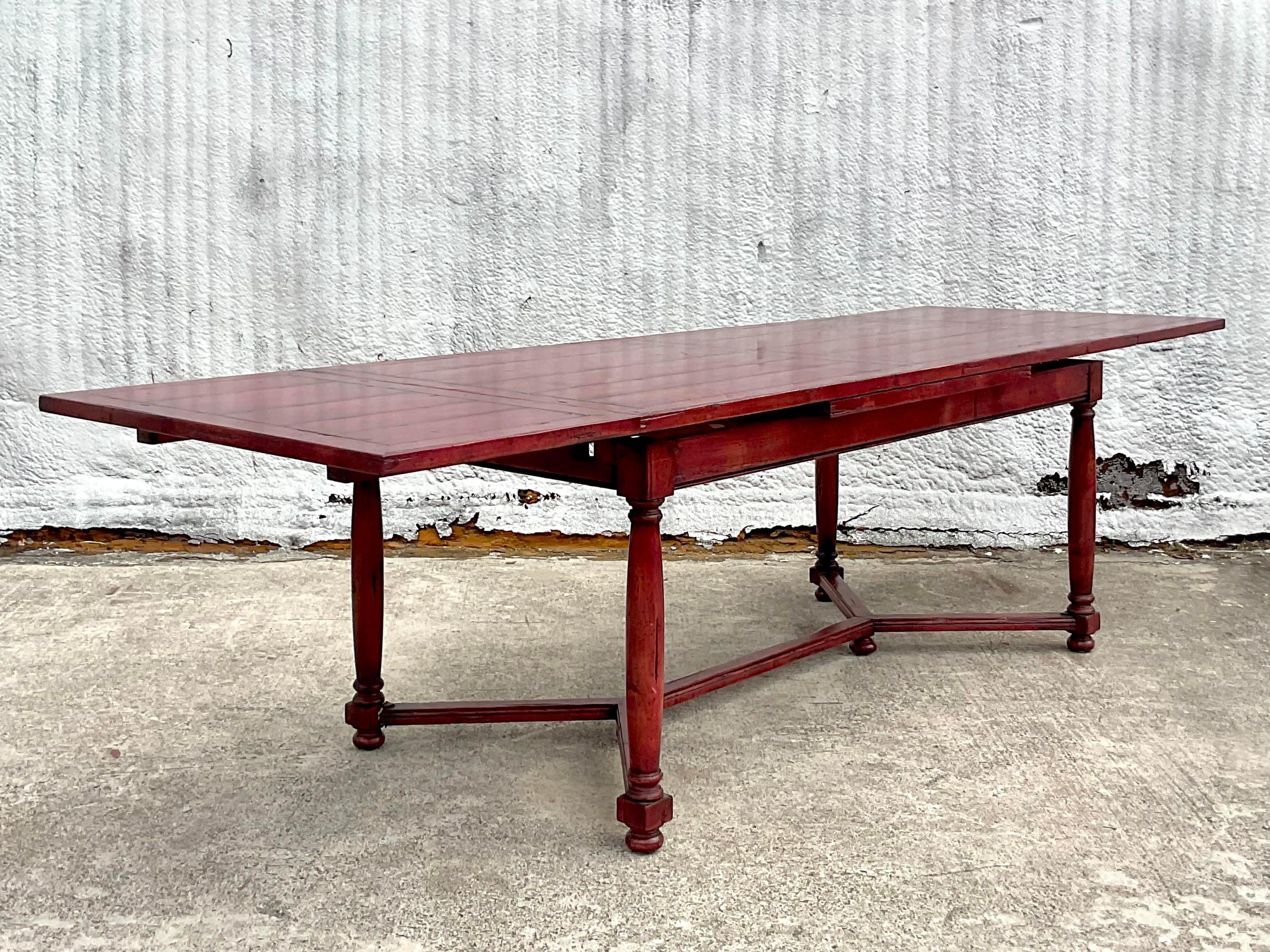 Vintage Boho Moroccan Red Reclaimed Wood Extendable Farm Table For Sale 4