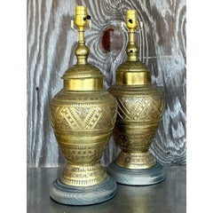 Vintage Boho Moroccan Tooled Brass Lamps - A Pair