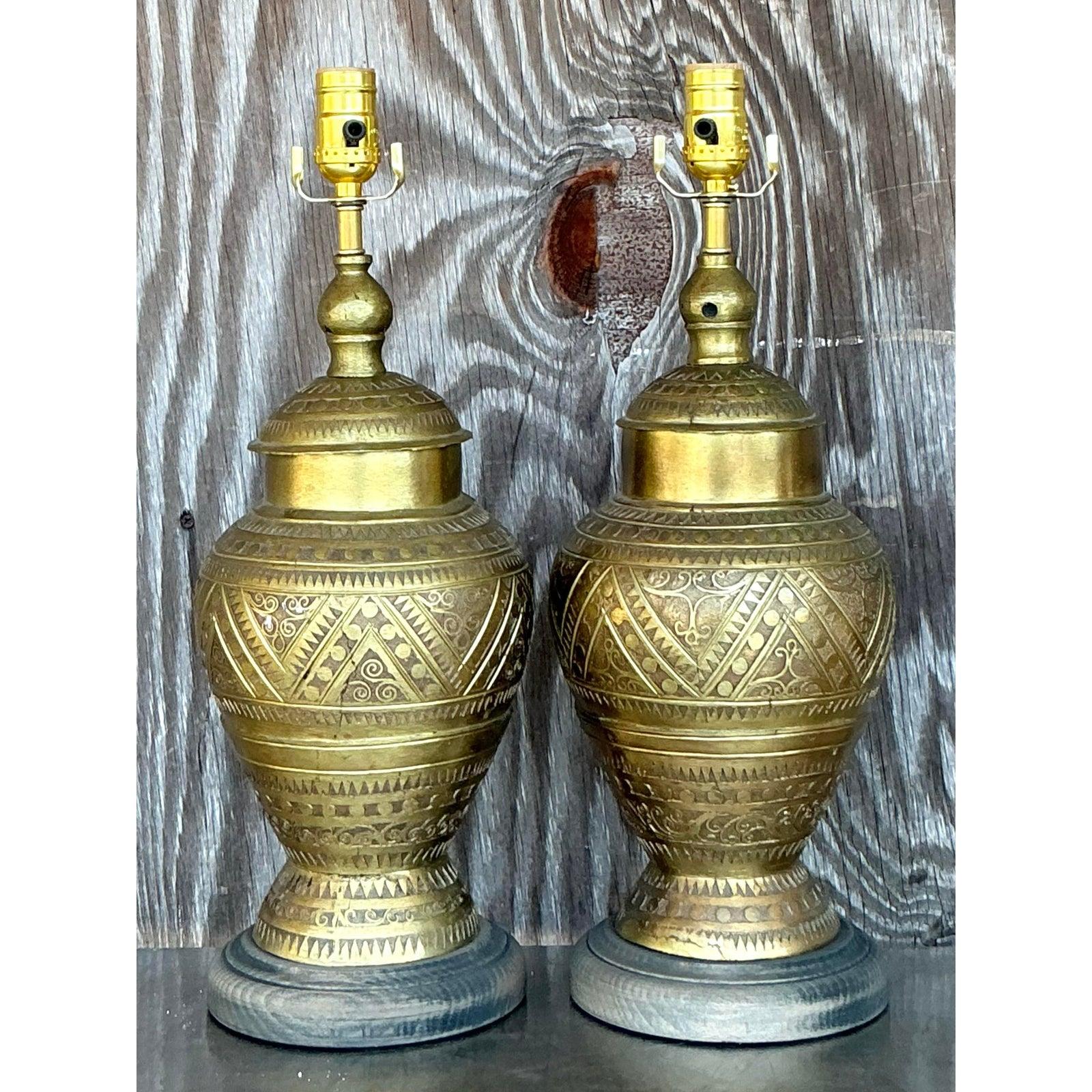 Lámparas vintage boho marroquíes de latón labrado - Pareja Latón en venta