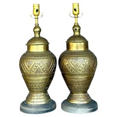 Vintage Boho Moroccan Tooled Brass Lamps - A Pair