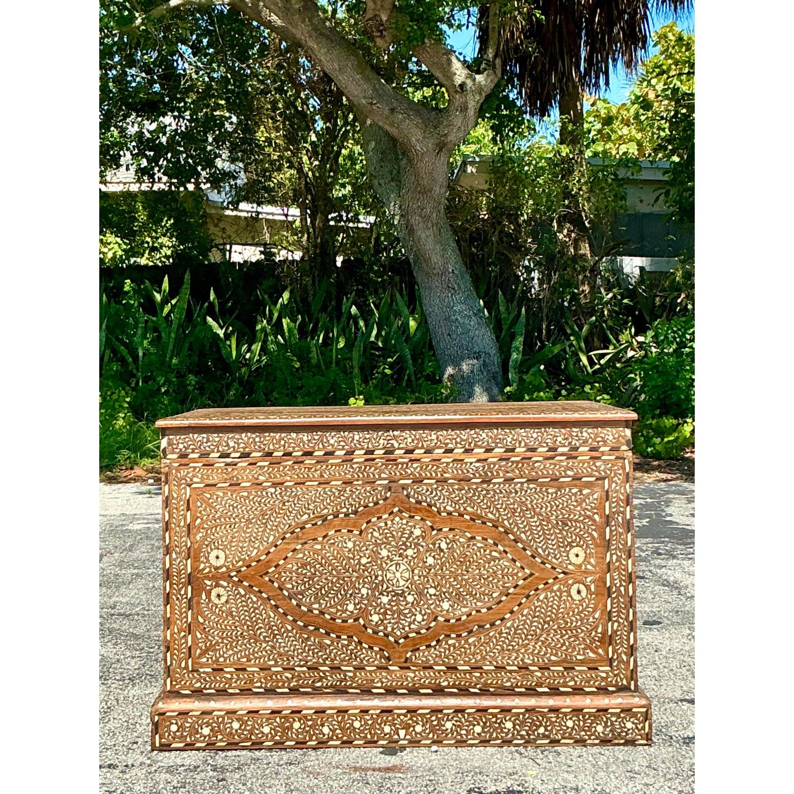 Vintage Boho Morrocan Inlay Blanket Chest For Sale 3