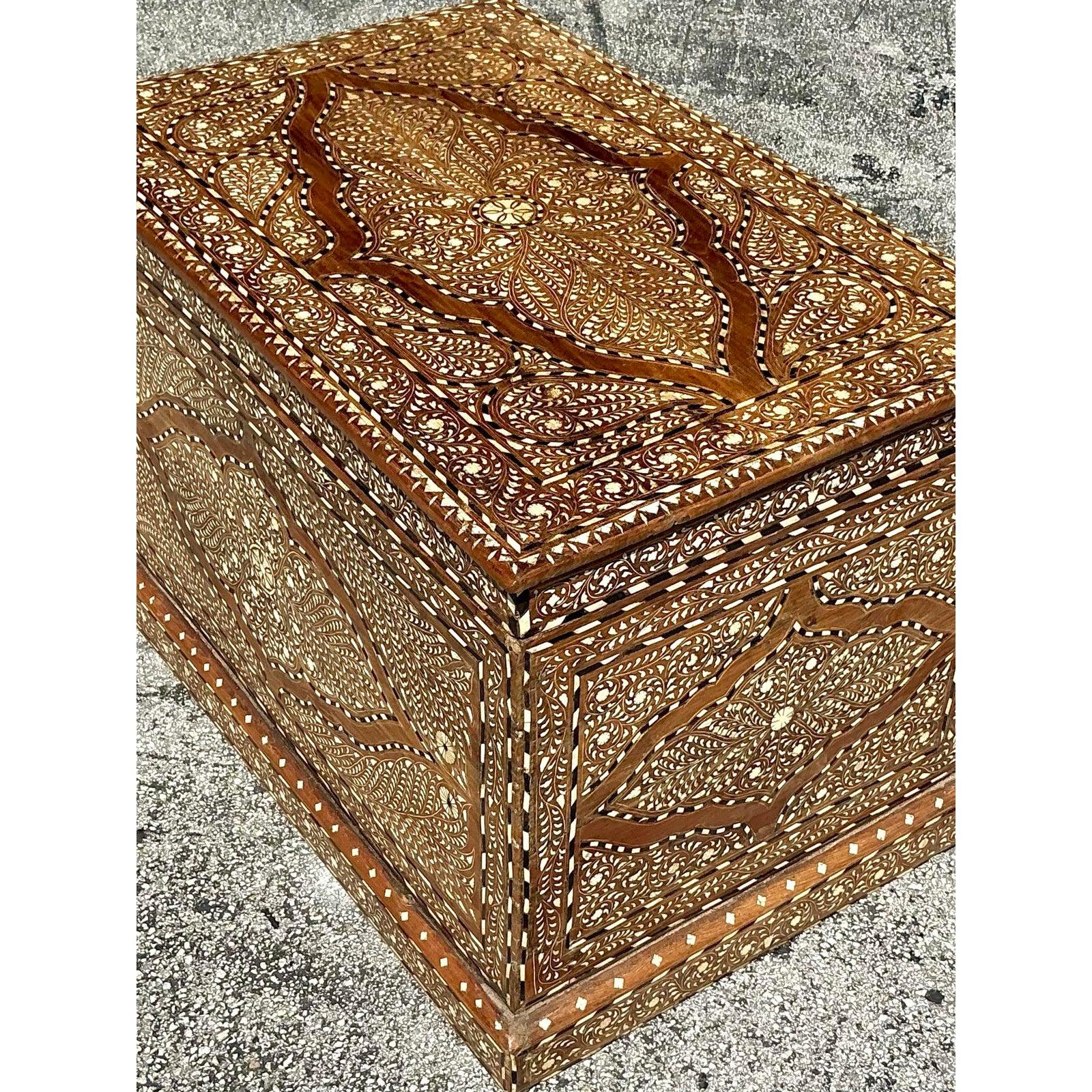 Anglo-Indian Vintage Boho Morrocan Inlay Blanket Chest For Sale